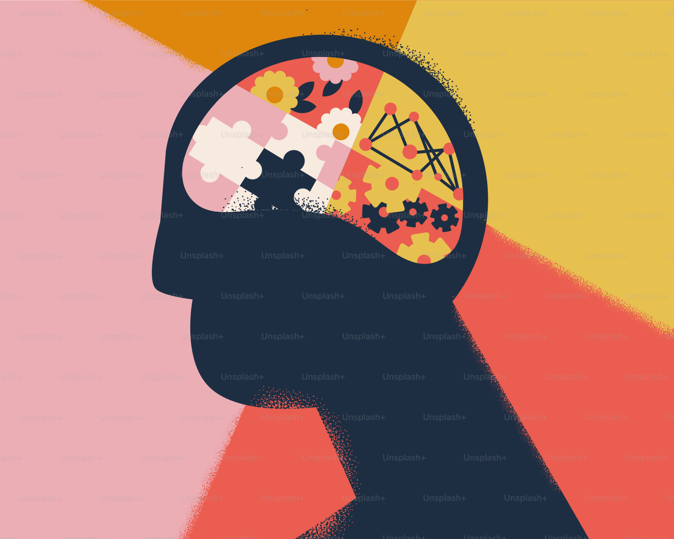 Brain with puzzle pieces, flowers and gears inside.