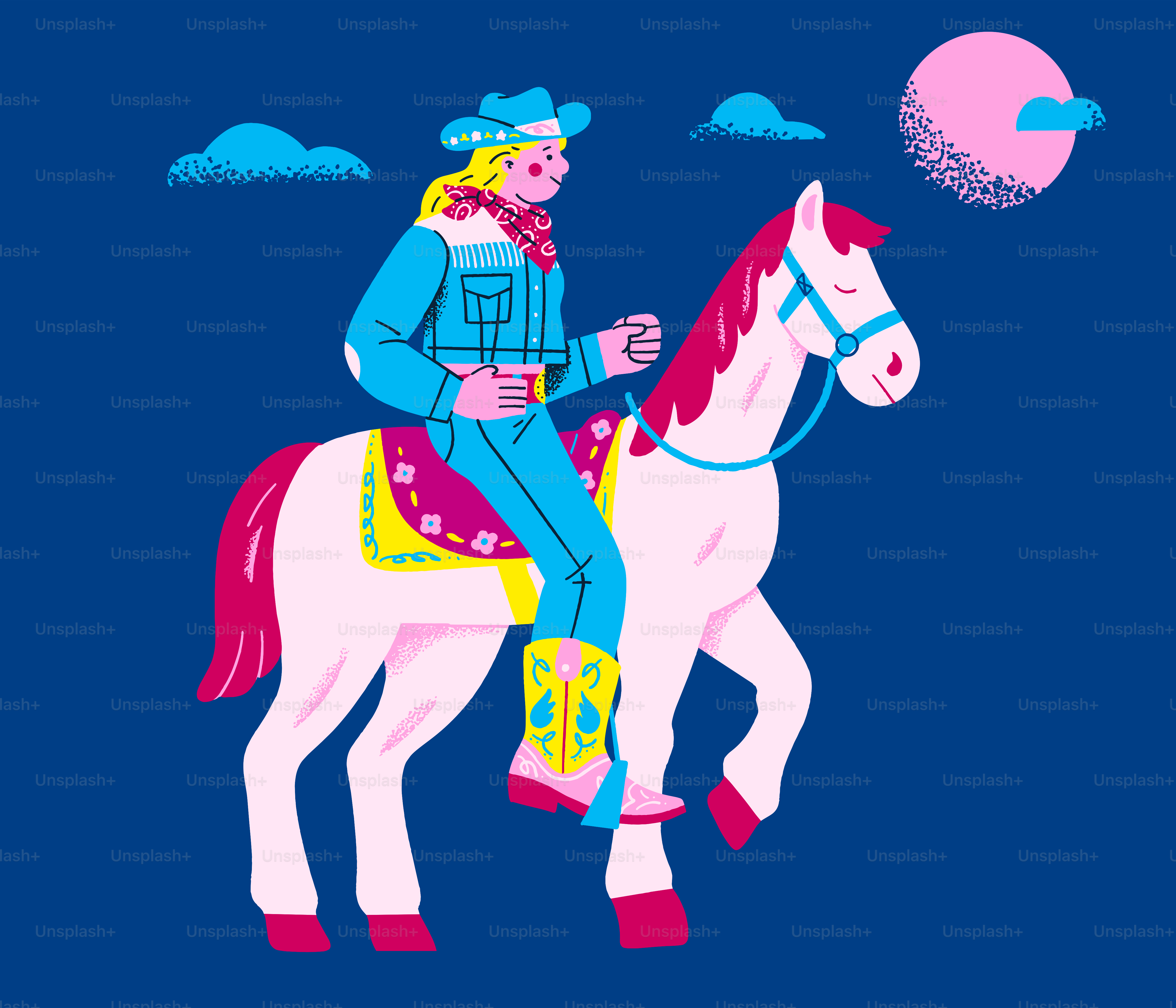 A cowgirl rides a pink horse under the moon.