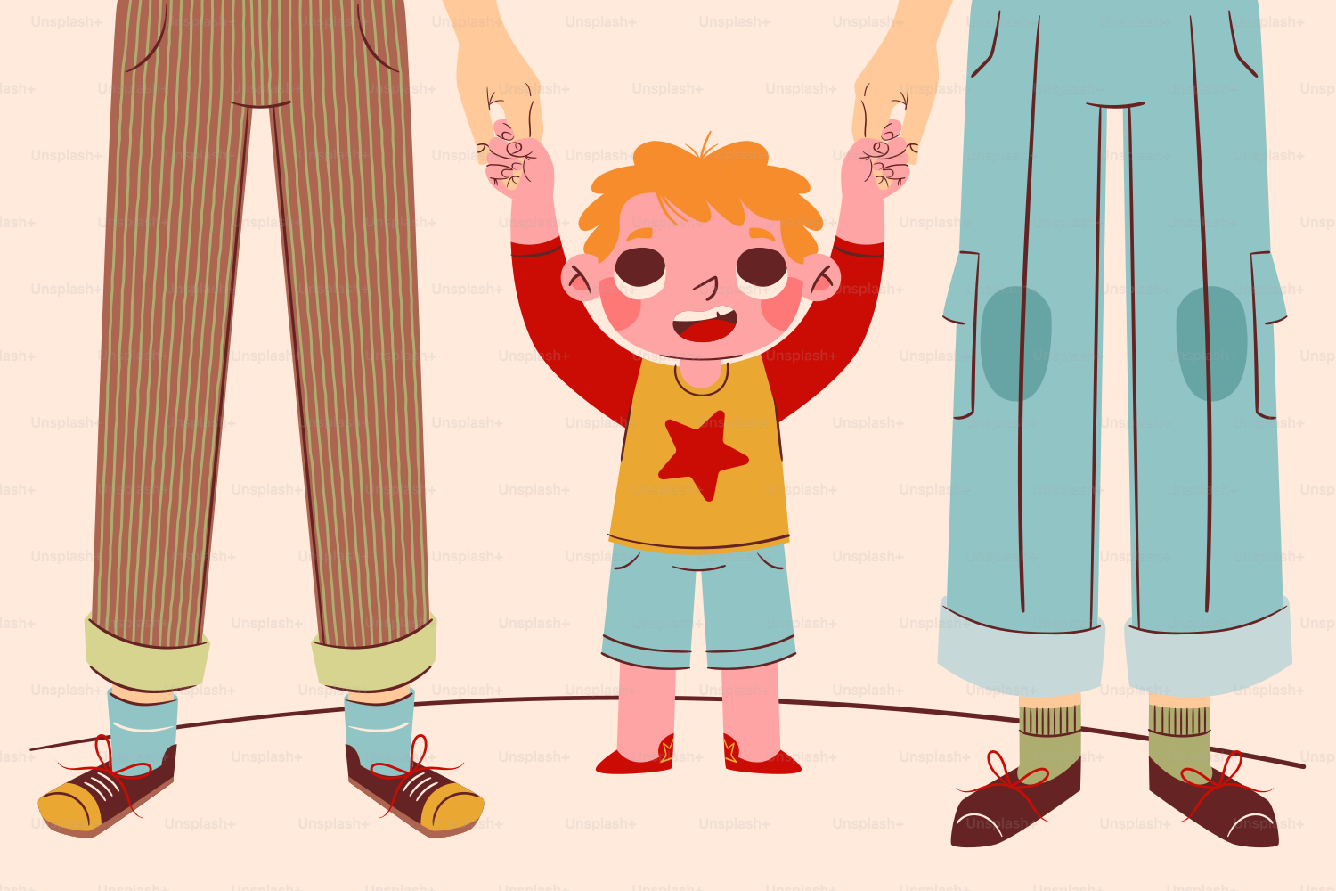 Parents lovingly hold their child's hands.