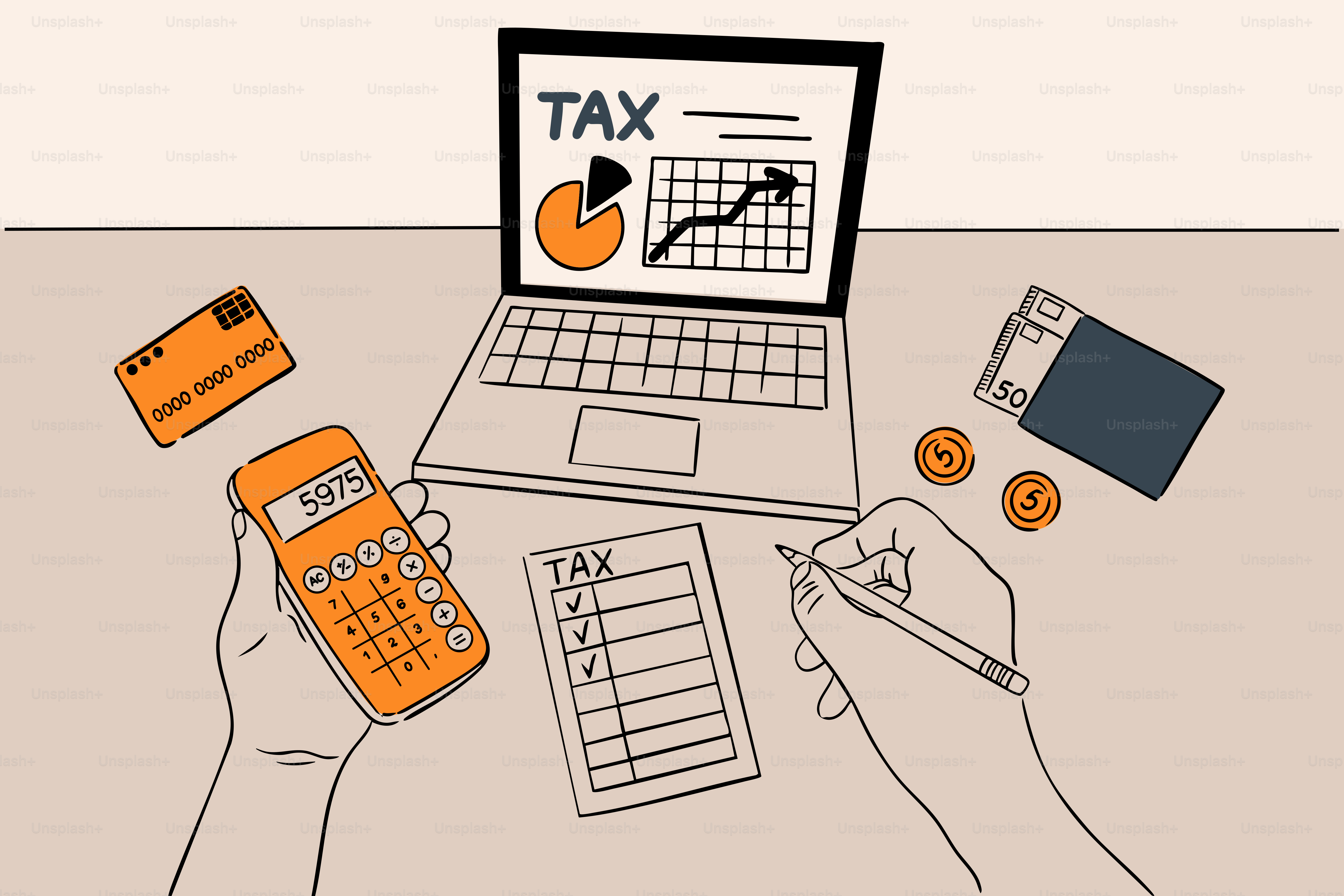 Tax preparation involves a calculator, credit card, and notes.