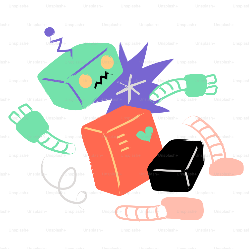 A robot is falling apart, next to some blocks.