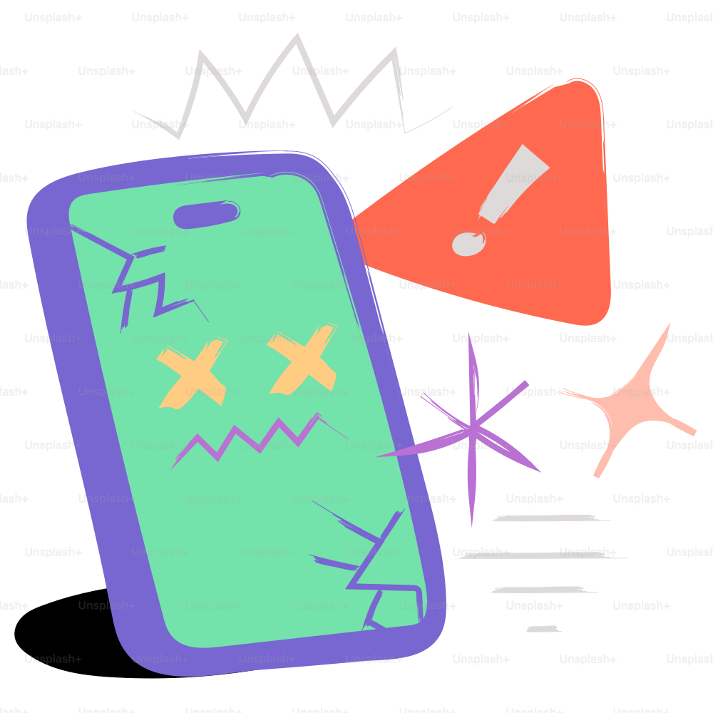 Teléfono roto con advertencia.