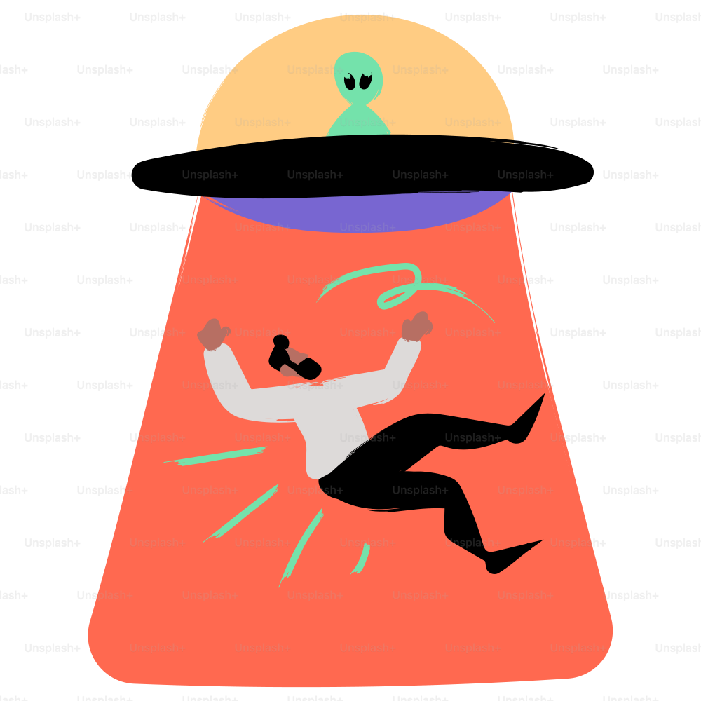 An alien is abducting a person in a spaceship.