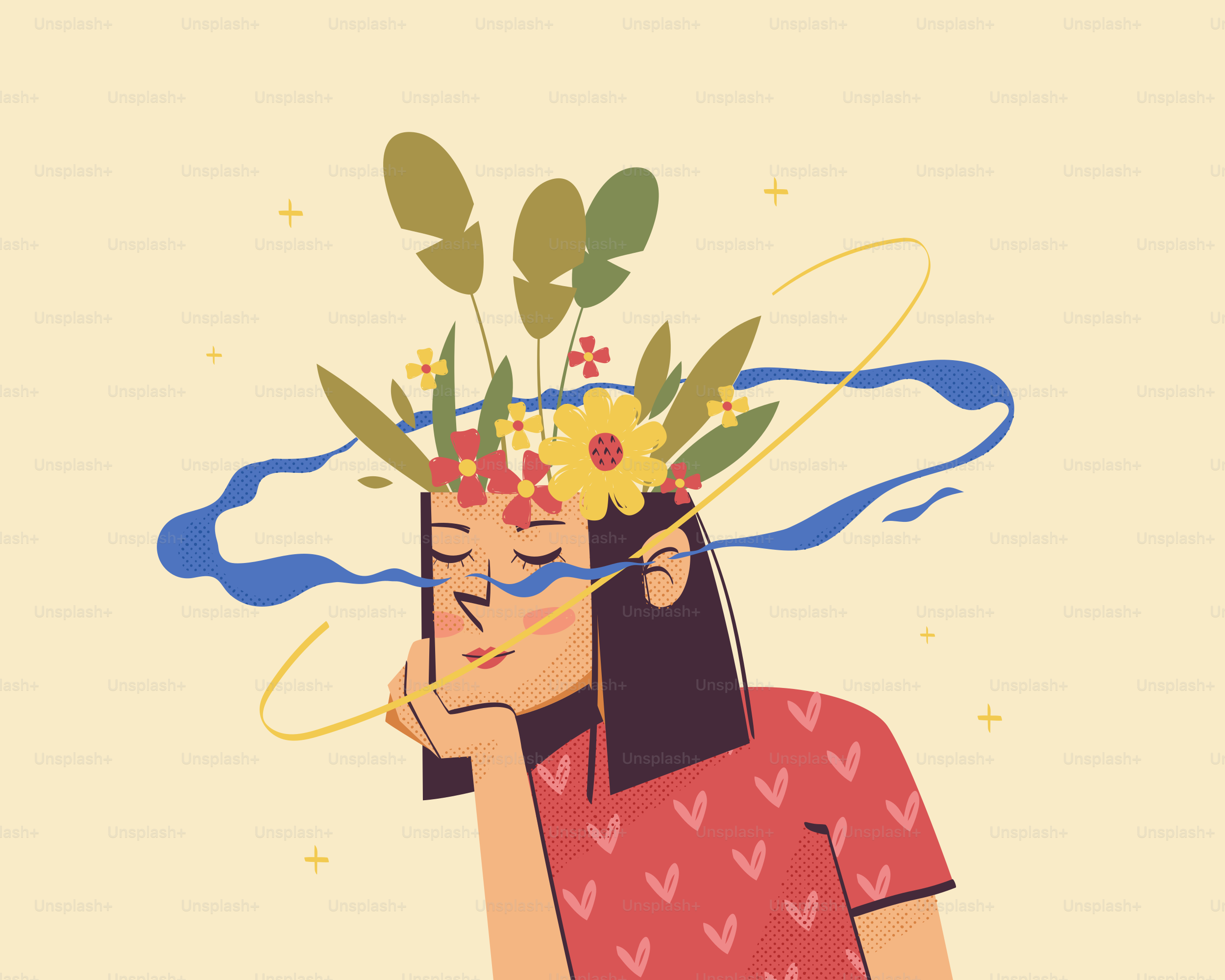 Flowers bloom within a thoughtful mind.