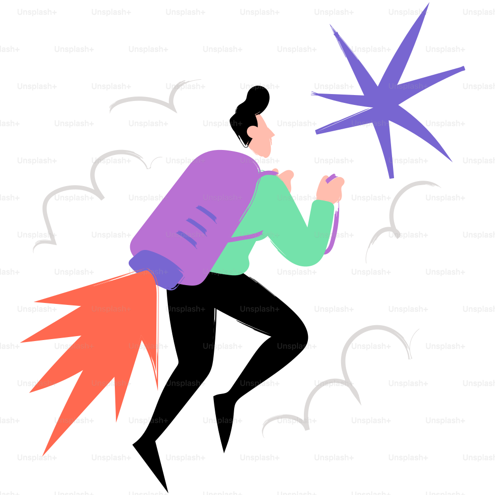 A person is flying with a jetpack to reach the star.