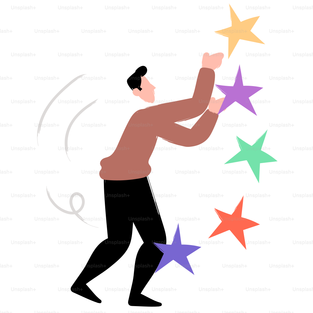 男がカラフルな星に手を伸ばし、捉える。