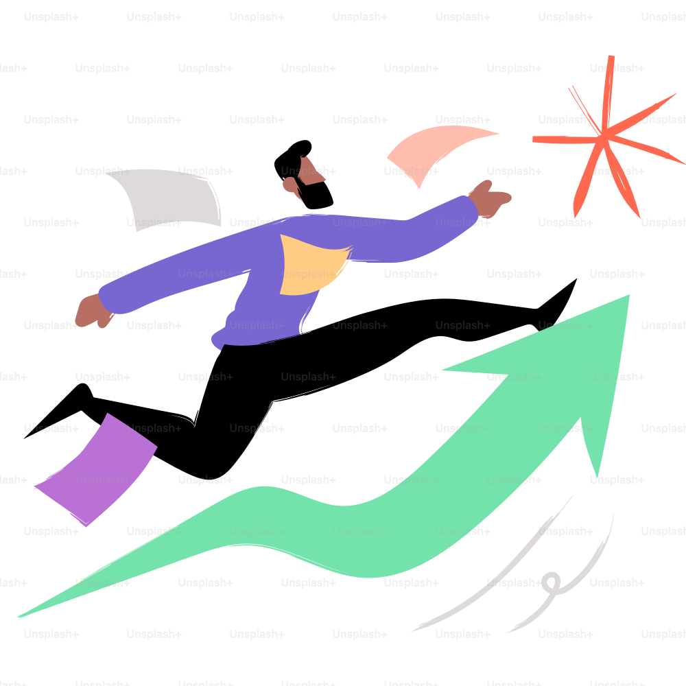 Man jumps toward success on a growth arrow.