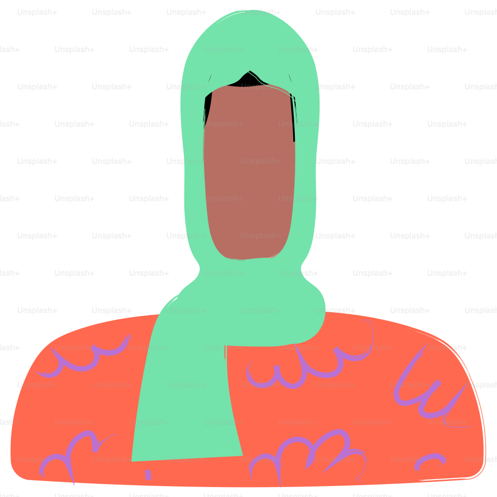 A person wearing a green hijab and orange shirt.