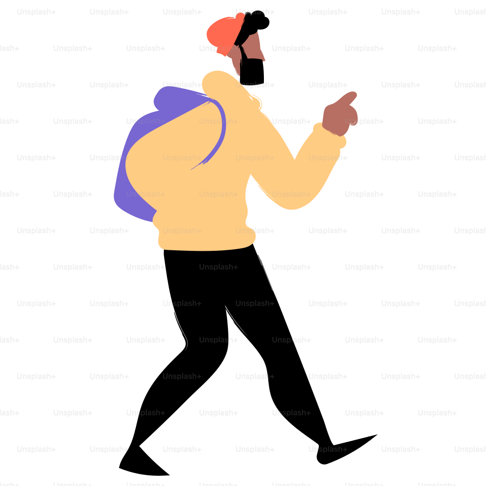 A person with backpack and pointing, walking.