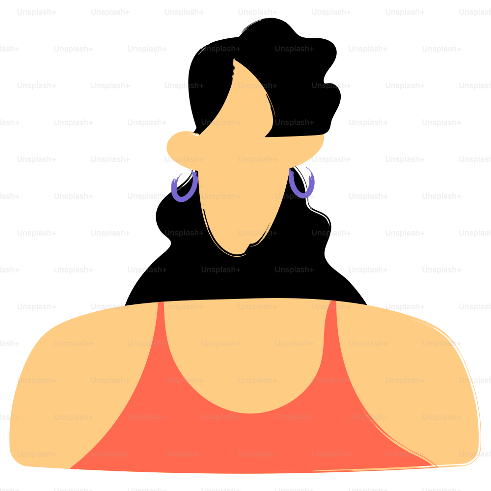 Frau mit schwarzen Haaren und orangefarbenem Oberteil.
