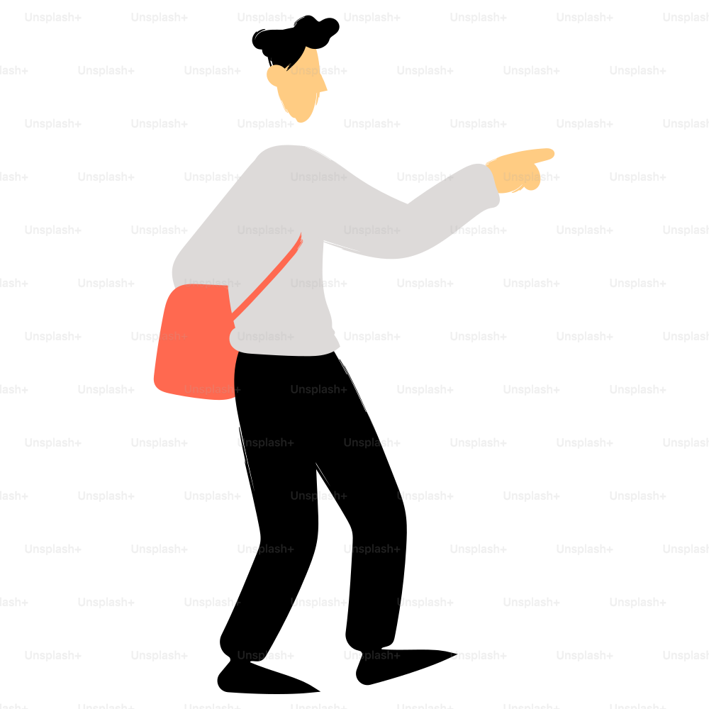 A person is pointing and has a bag.