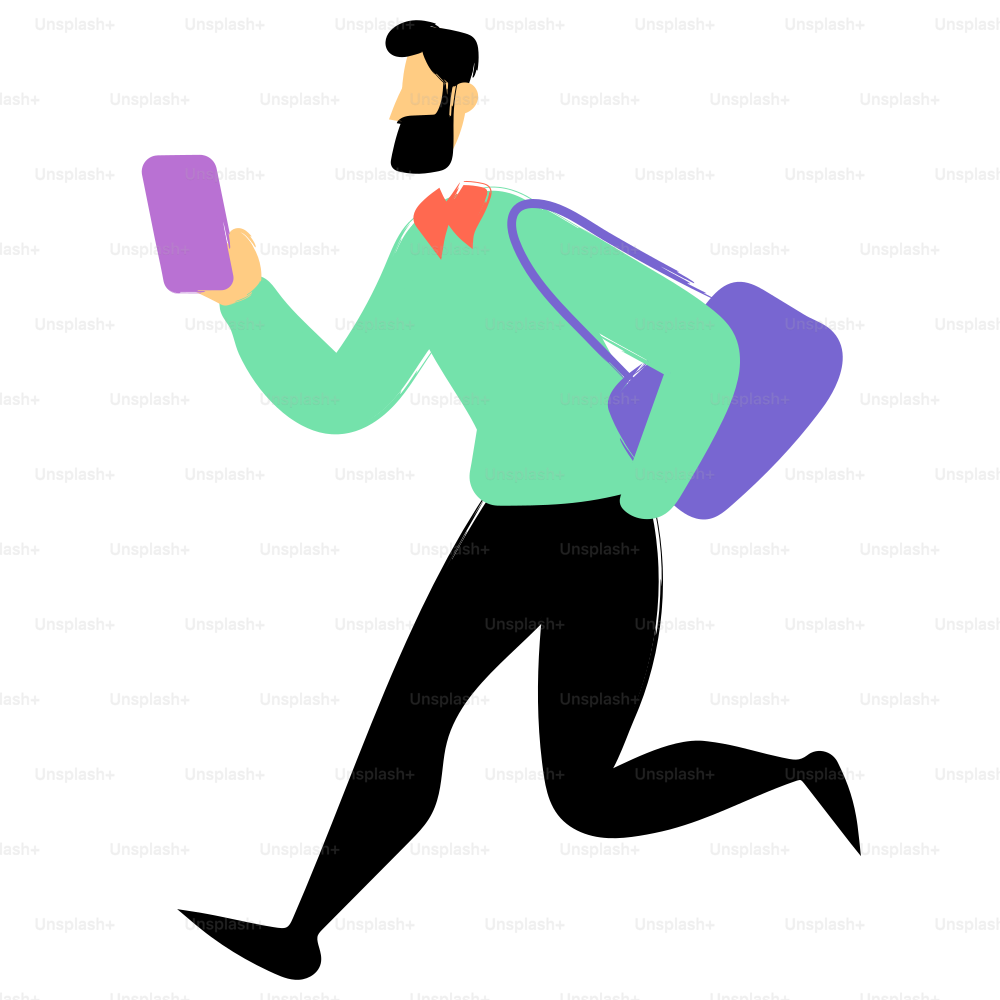 Ein Mann stürmt herbei, hält ein Telefon und eine Tasche in der Hand.