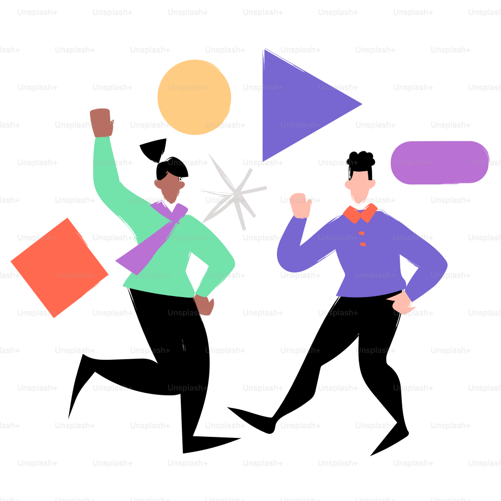 Two joyful people are celebrating with abstract shapes.