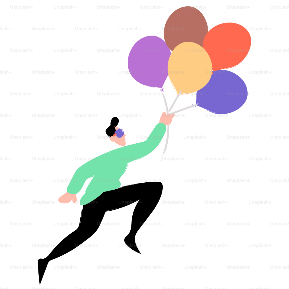 Person is flying with colorful balloons.