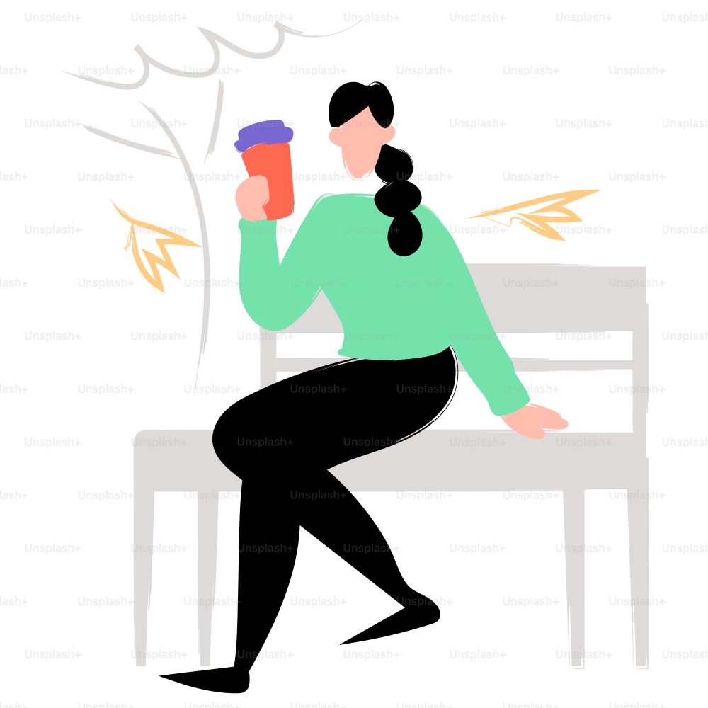 Woman on a bench drinking coffee outdoors.