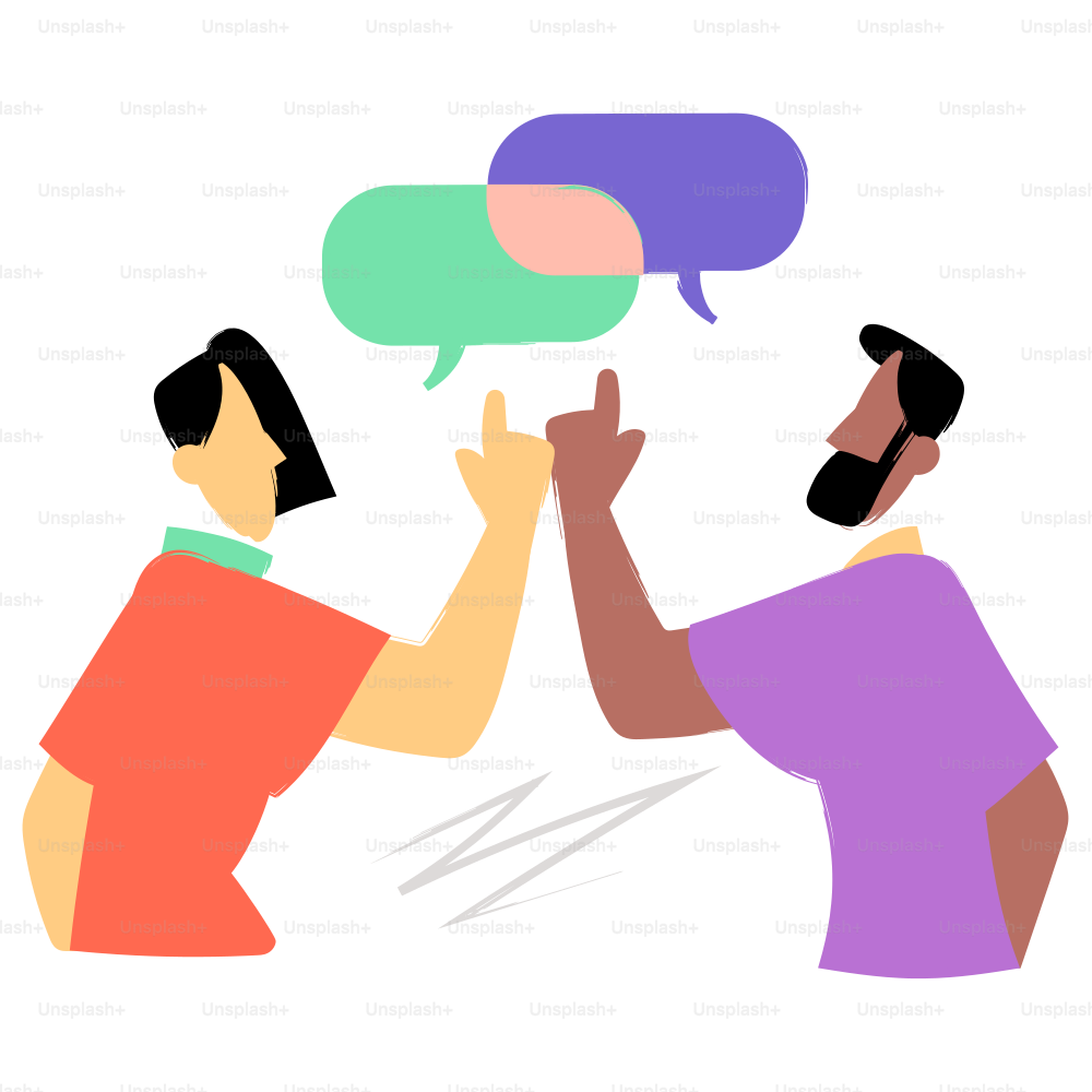 Two people are high-fiving with speech bubbles.
