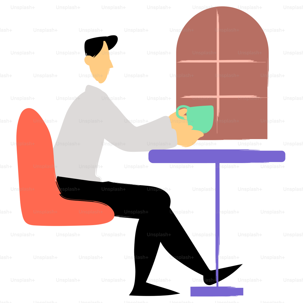 男が座ってコーヒーを飲んでいる。