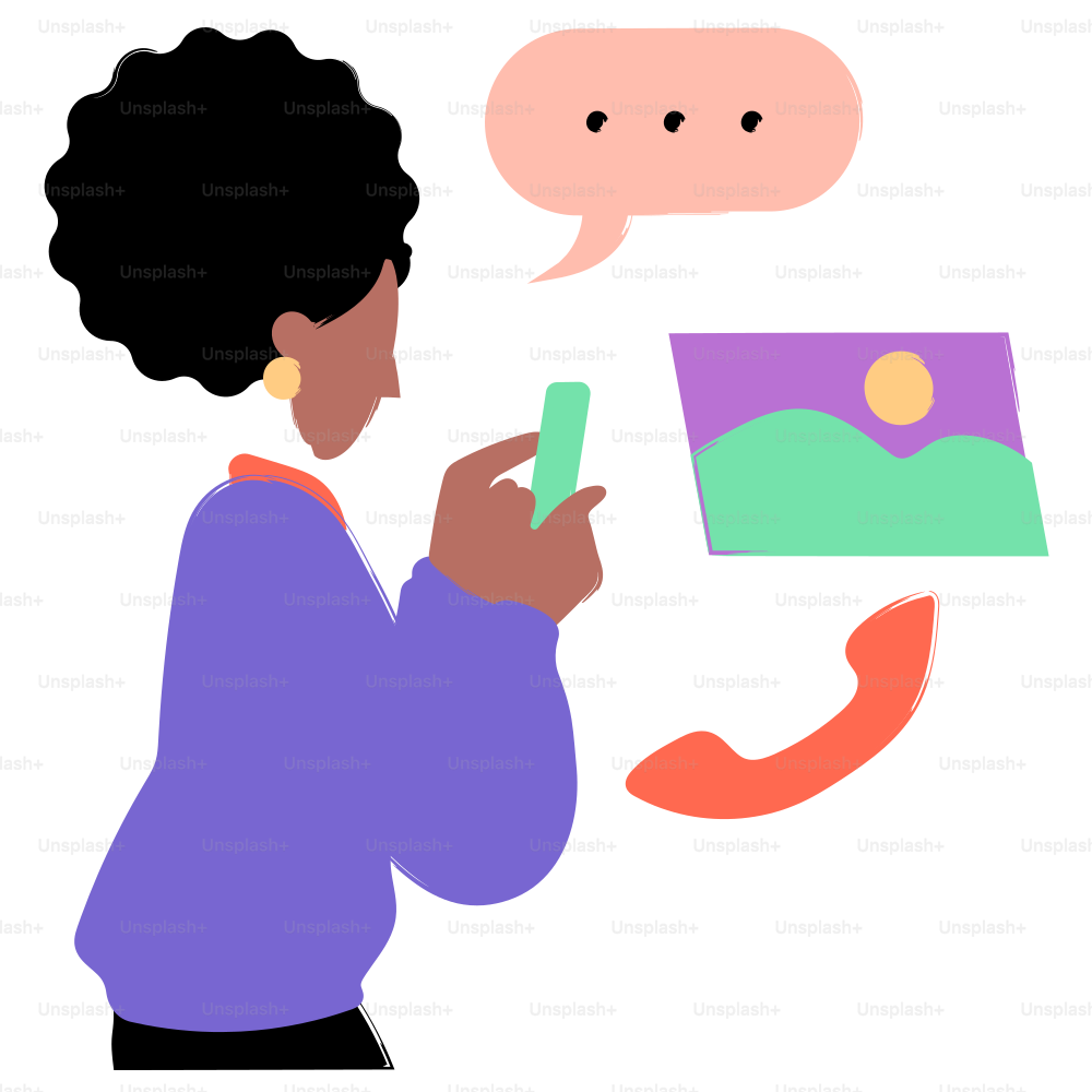 Woman using phone with image and phone icon.