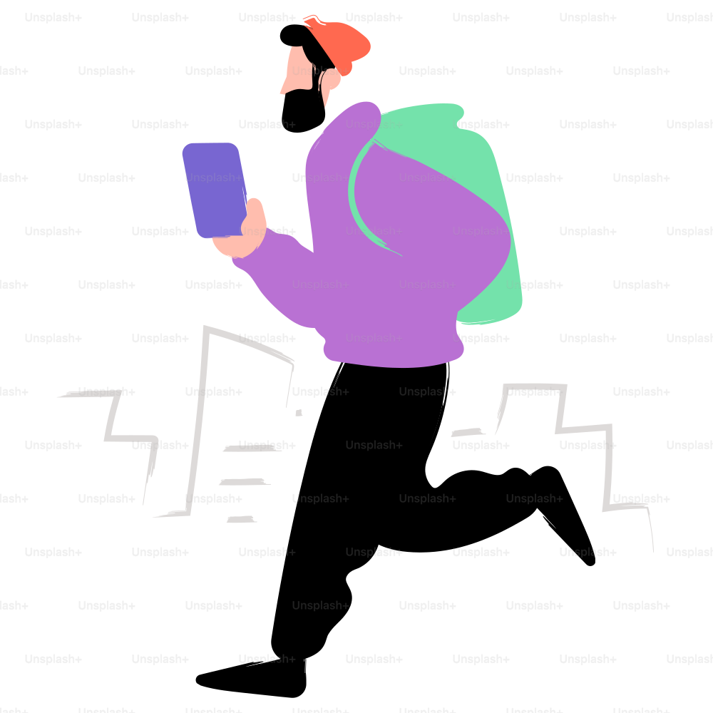 A man runs with a phone and backpack.