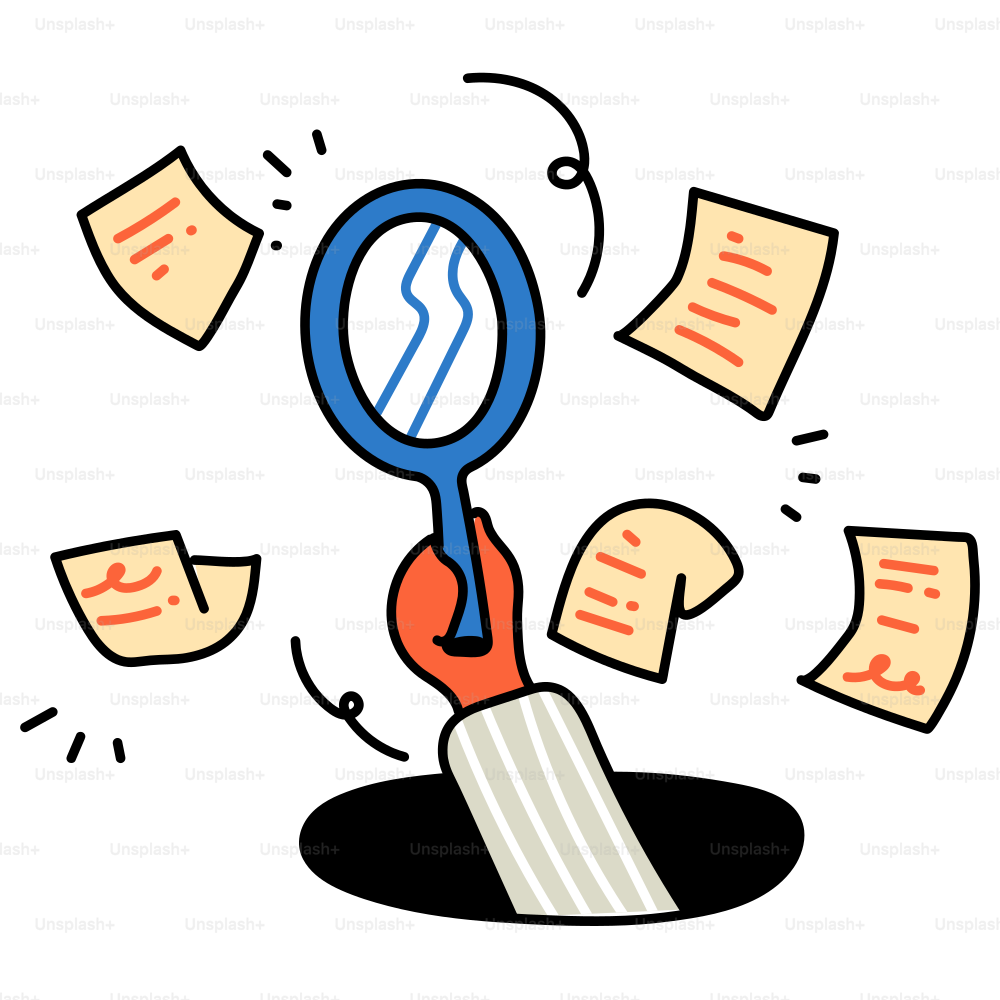 Die Hand hält einen Spiegel und betrachtet herabfallende Dokumente.