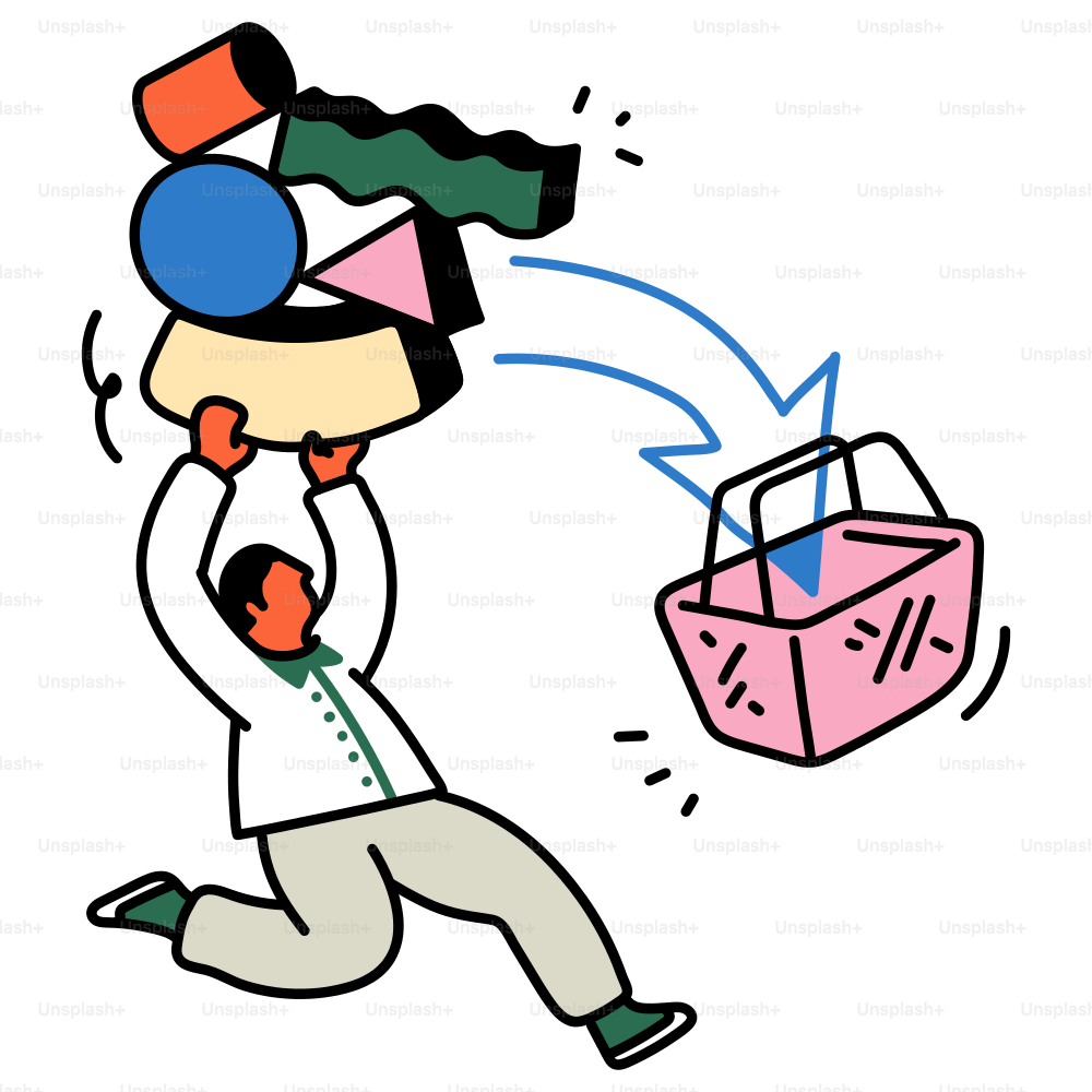 Man is adding colorful shapes to a shopping basket.