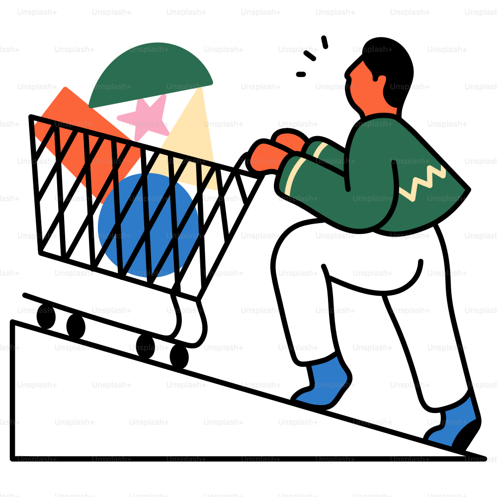 Man struggles to push a shopping cart uphill. vector – Sales Image on  Unsplash, image size:3000x3000