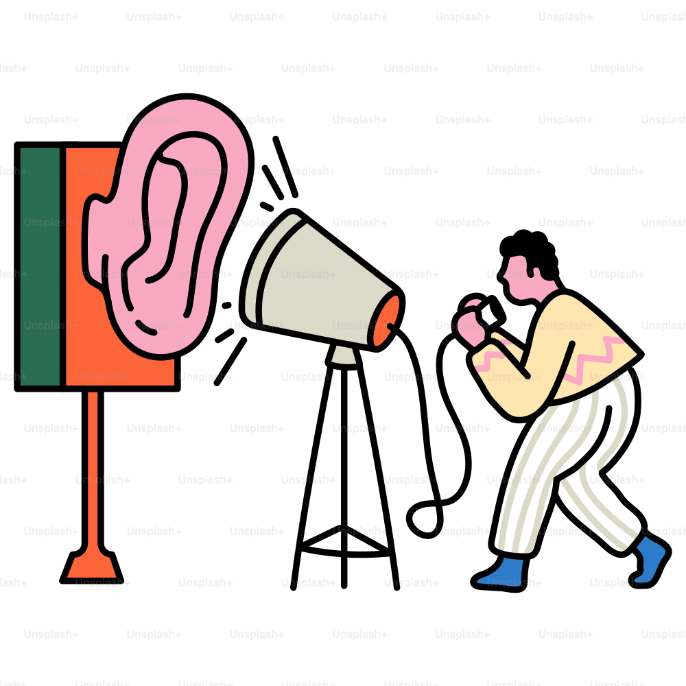 Man is talking to a giant ear with a megaphone.