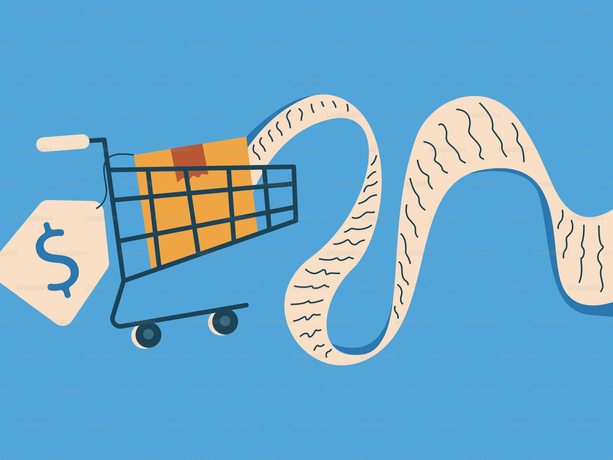 Carrito de compras con precios y un recibo largo.