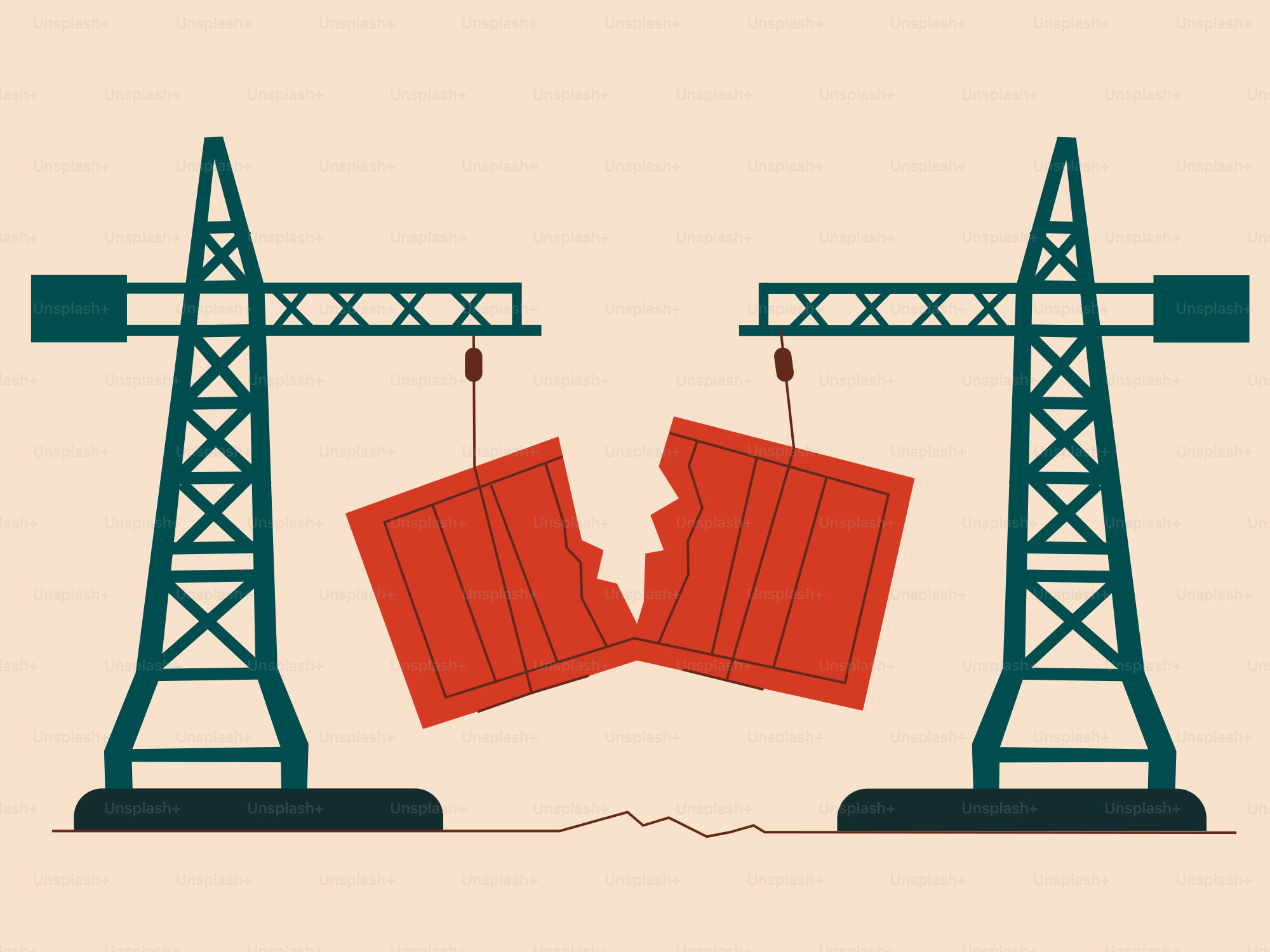 Cranes tear apart a container.