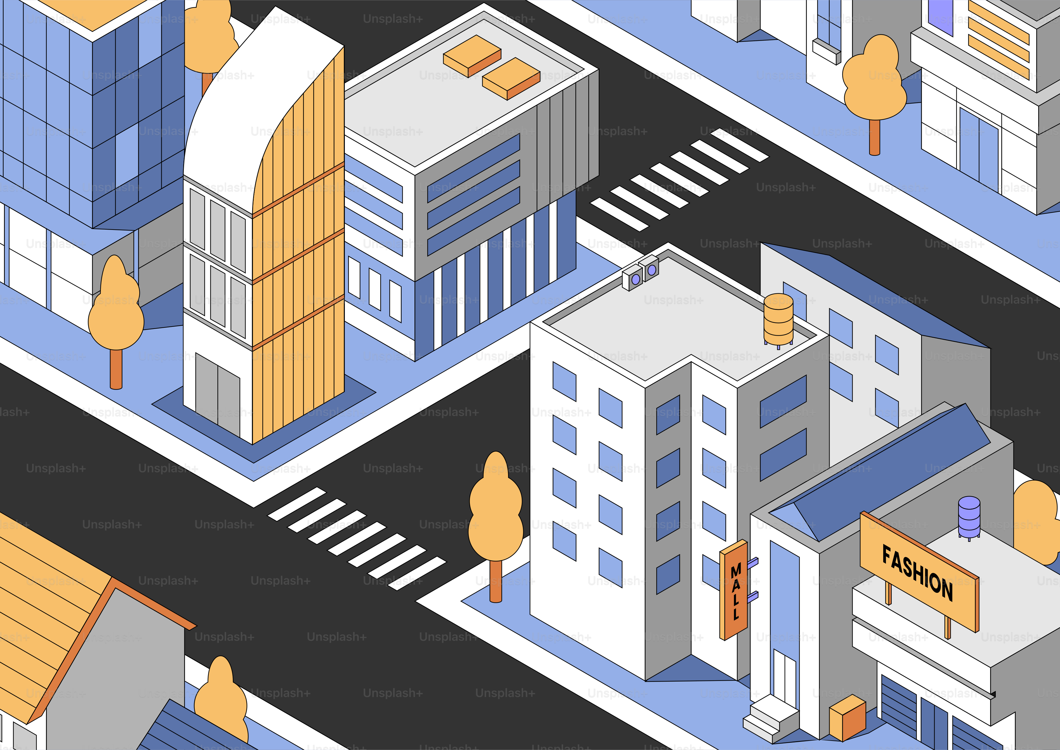 Vista isométrica de una calle urbana moderna con edificios.