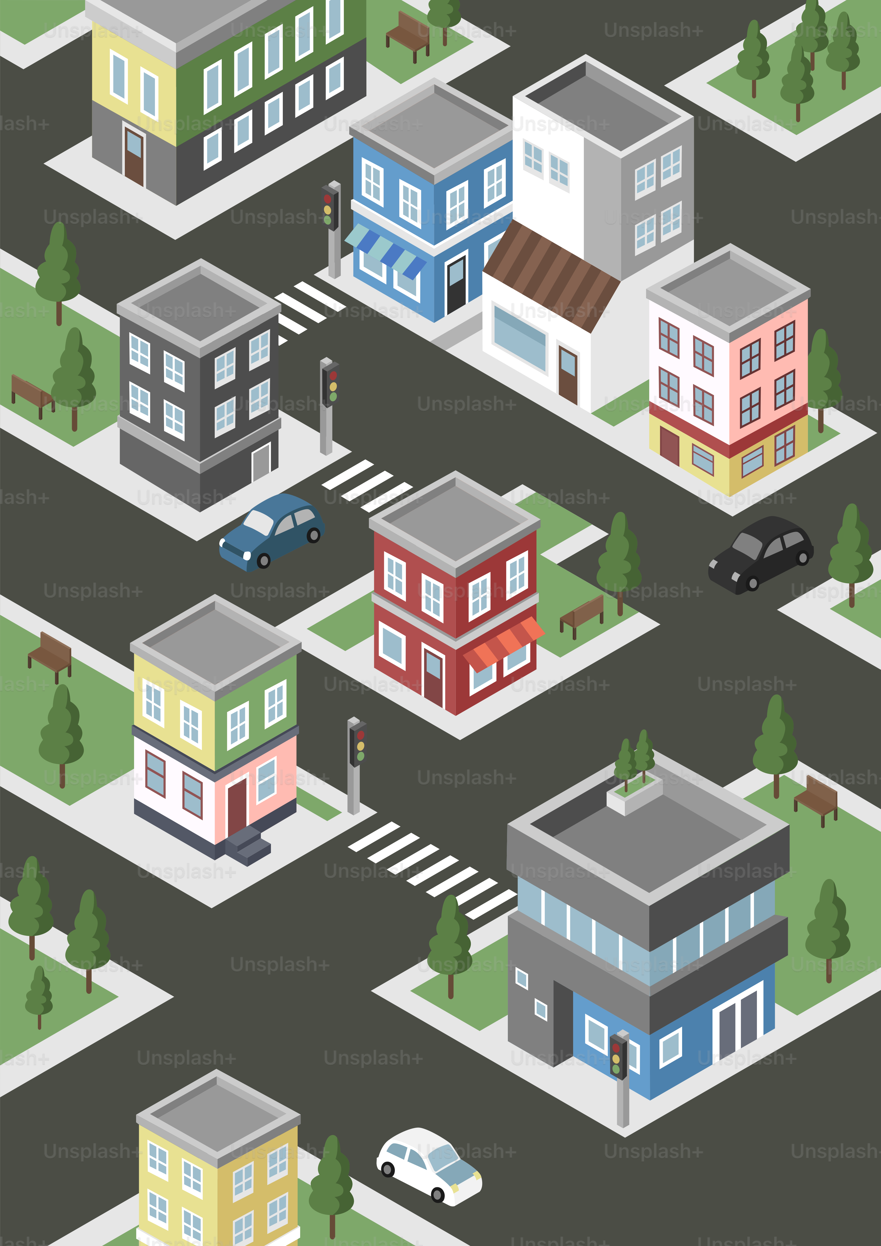 Vista isométrica de una calle de la ciudad con edificios y coches