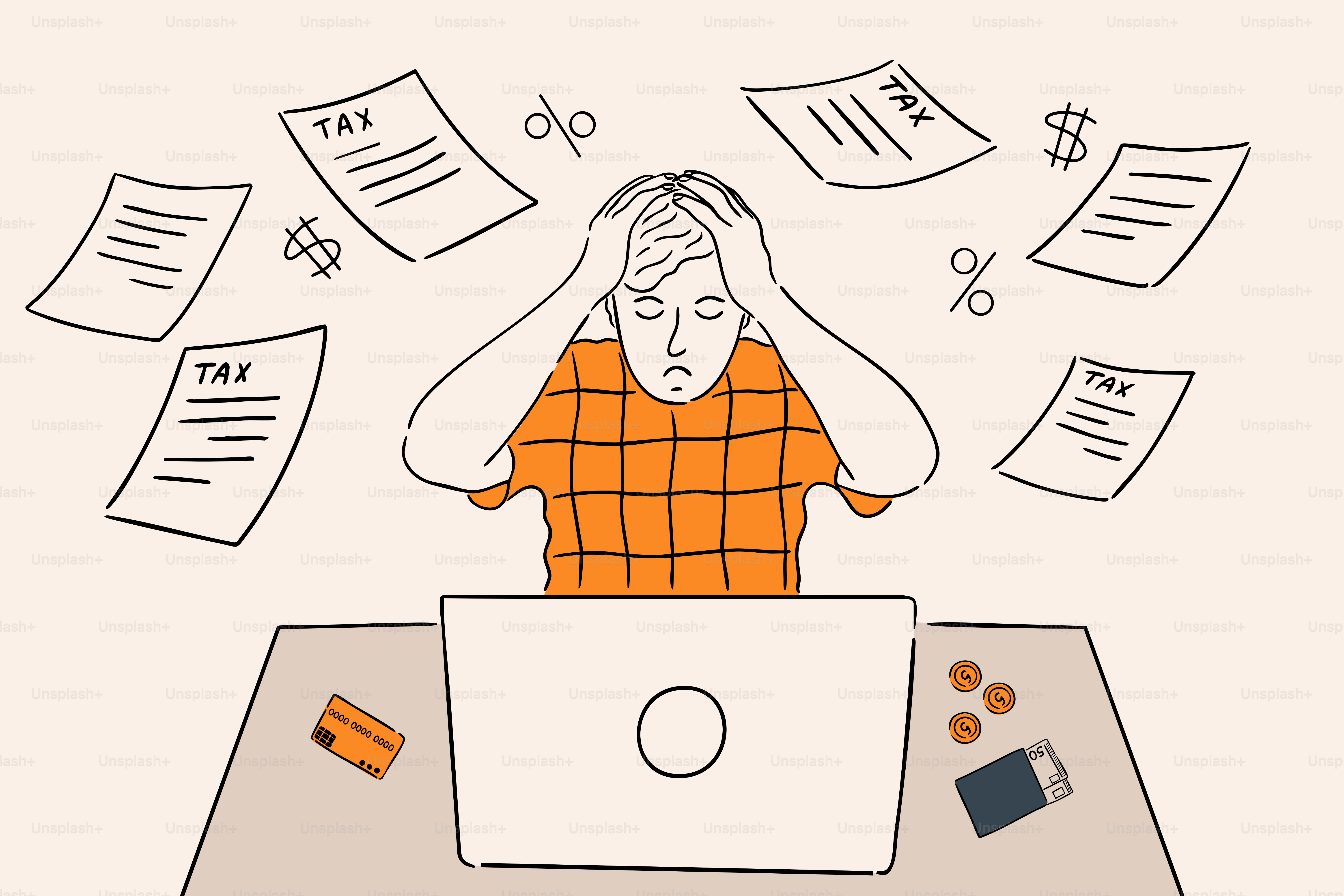 Pessoa estressada sobrecarregada com finanças e impostos.
