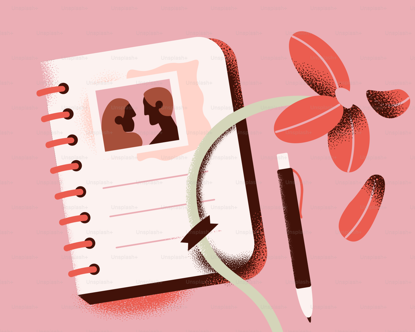 Un diario contiene ricordi, una penna e dei fiori.