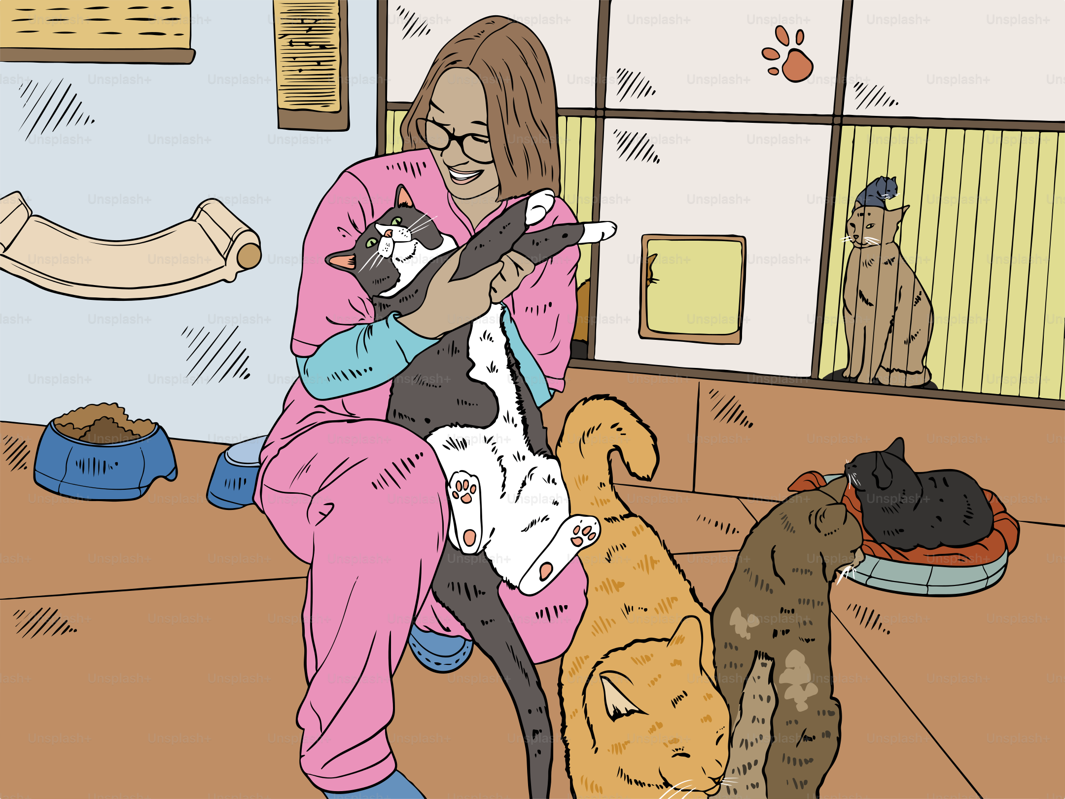 Woman lovingly holds a cat surrounded by other cats.