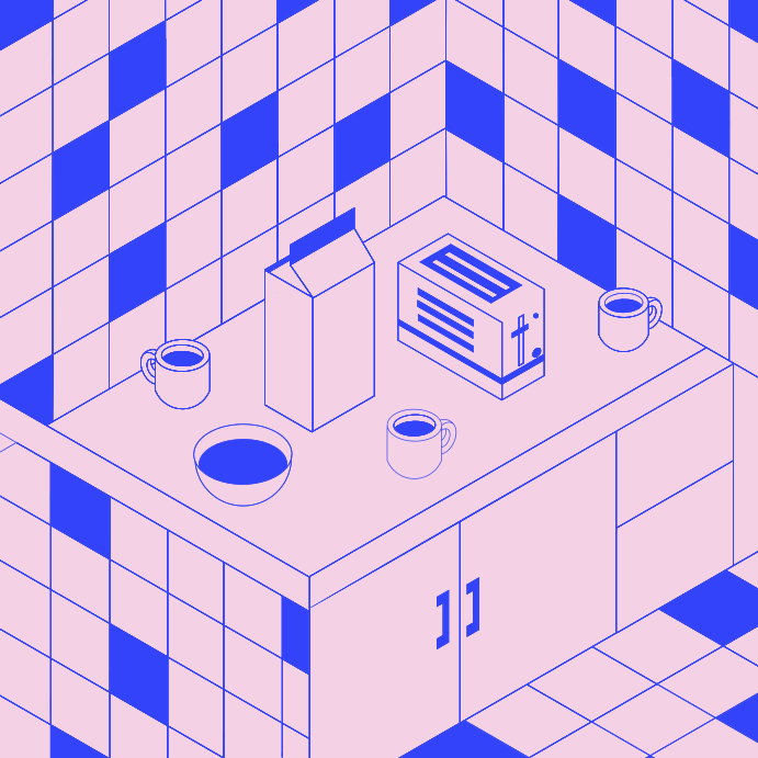 Isometric kitchen with breakfast items.