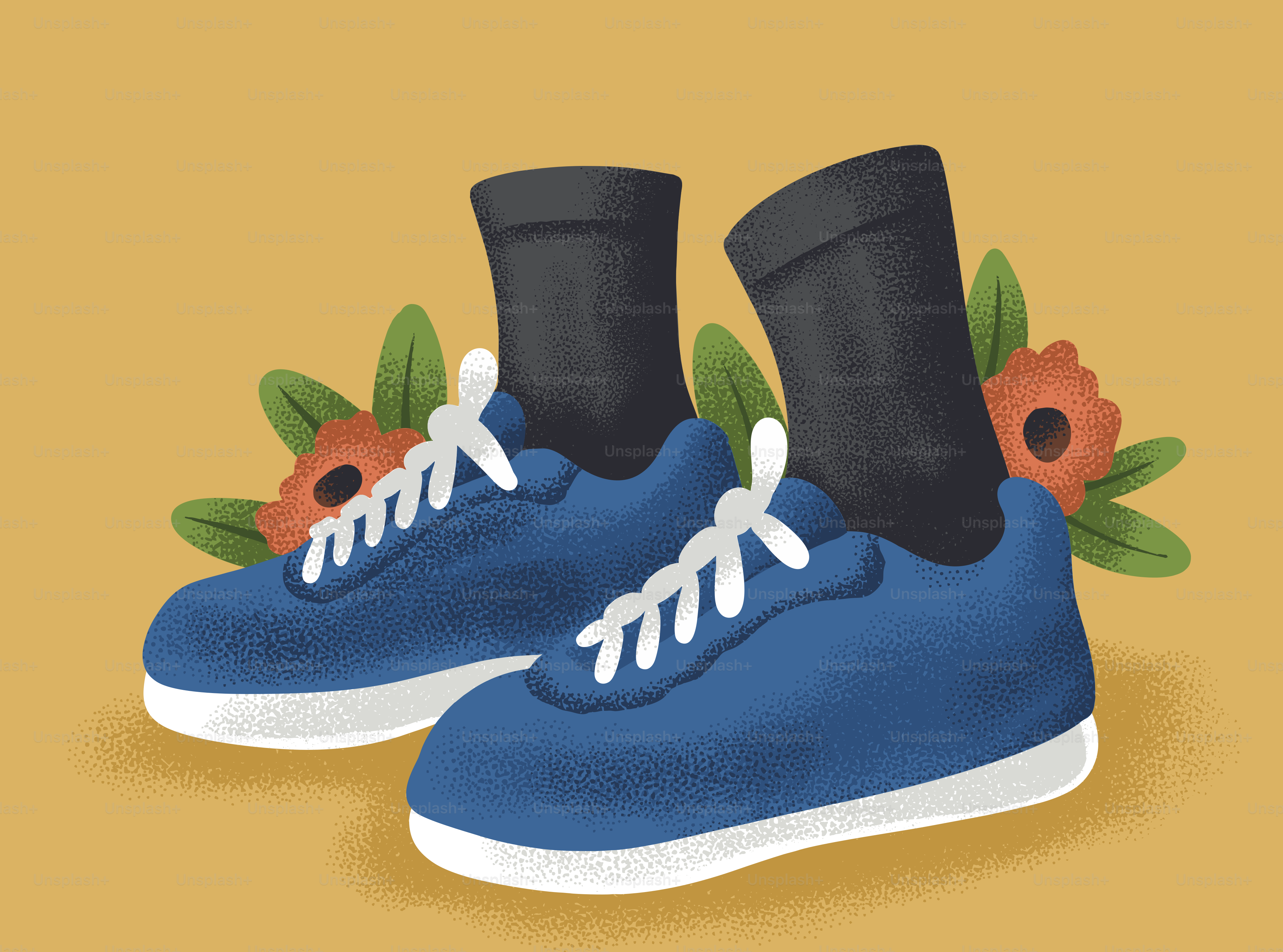 Baskets bleues avec des fleurs et des chaussettes.