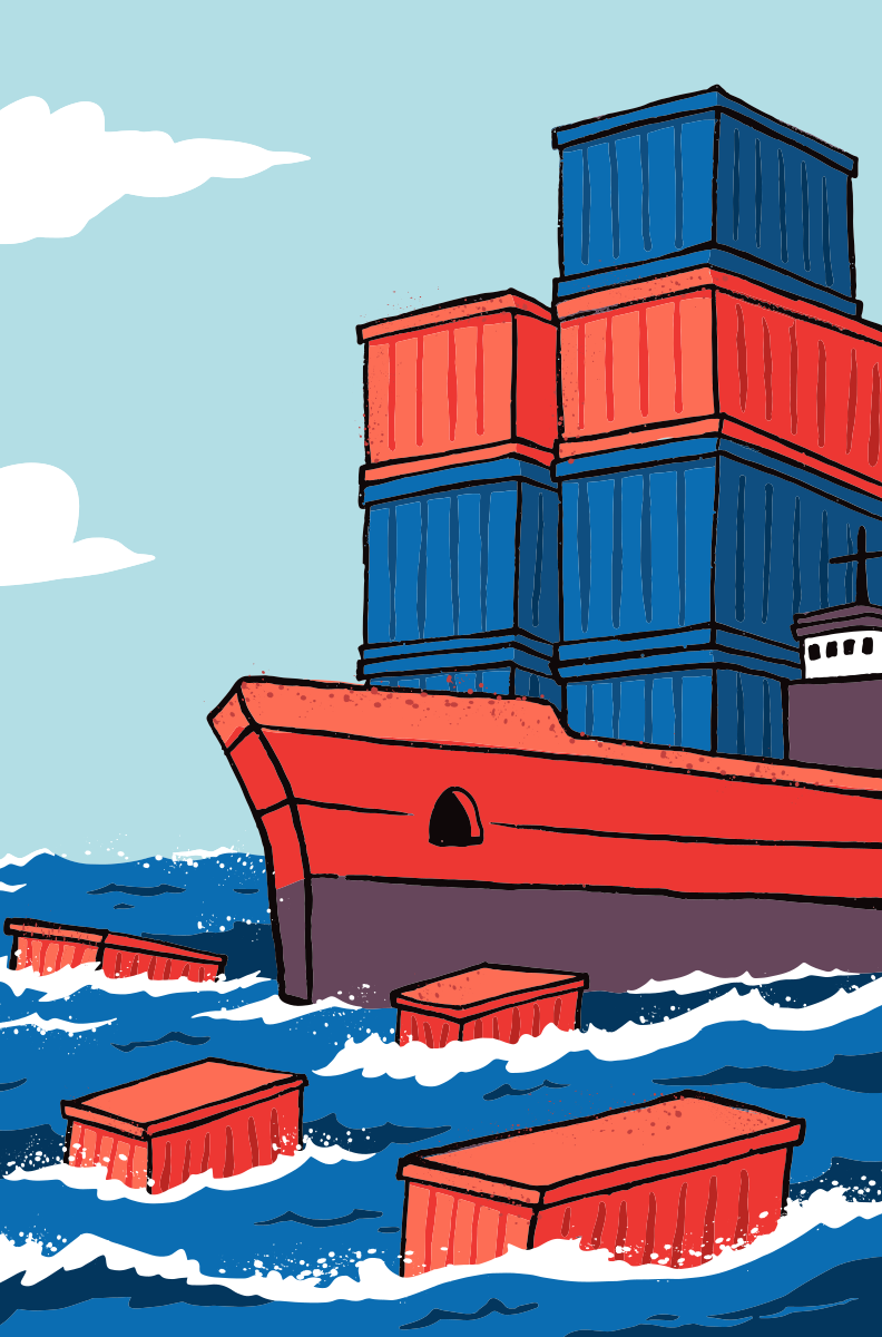 Frachtschiff mit Containern, teilweise ins Meer gefallen.
