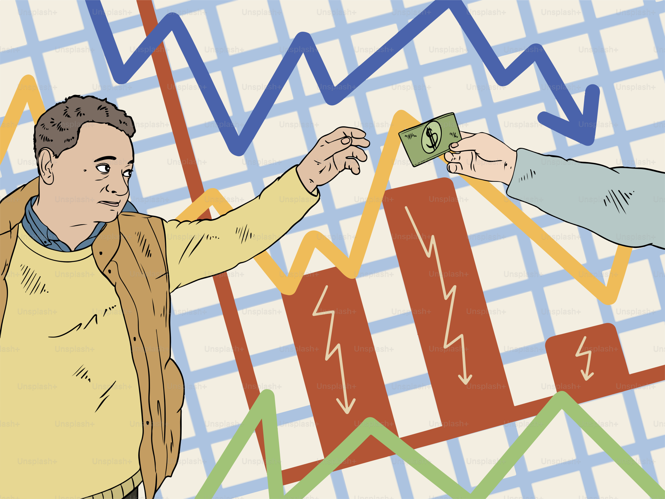 Man receives money amidst declining stock prices.
