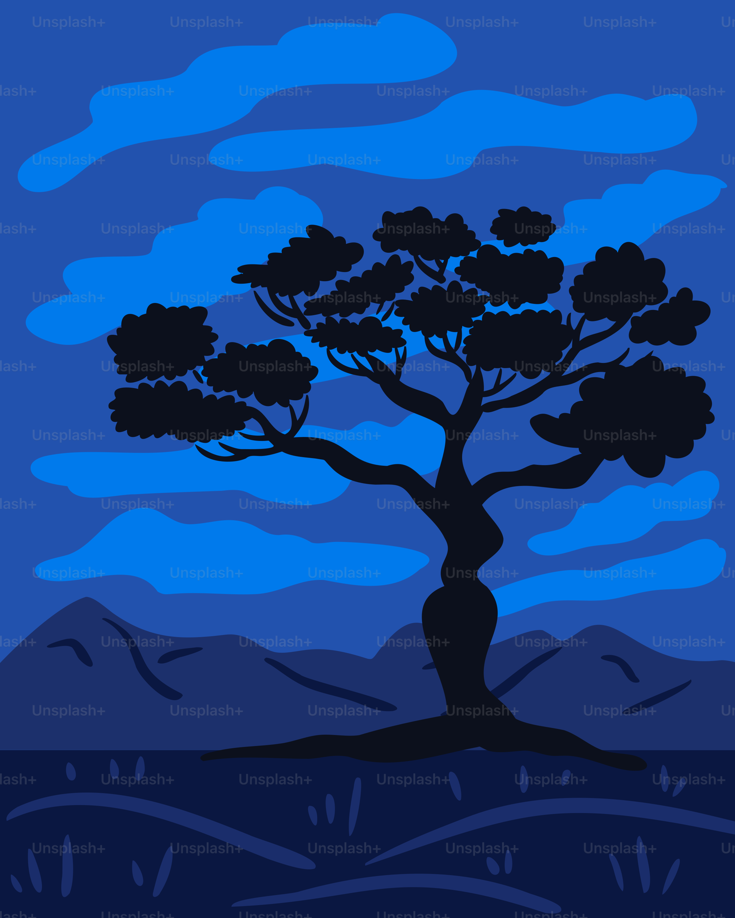 A tree stands silhouetted against a blue sky.