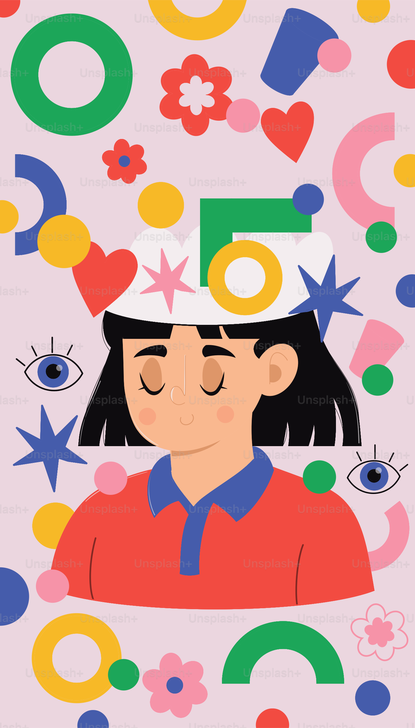 A girl surrounded by colorful, abstract shapes.