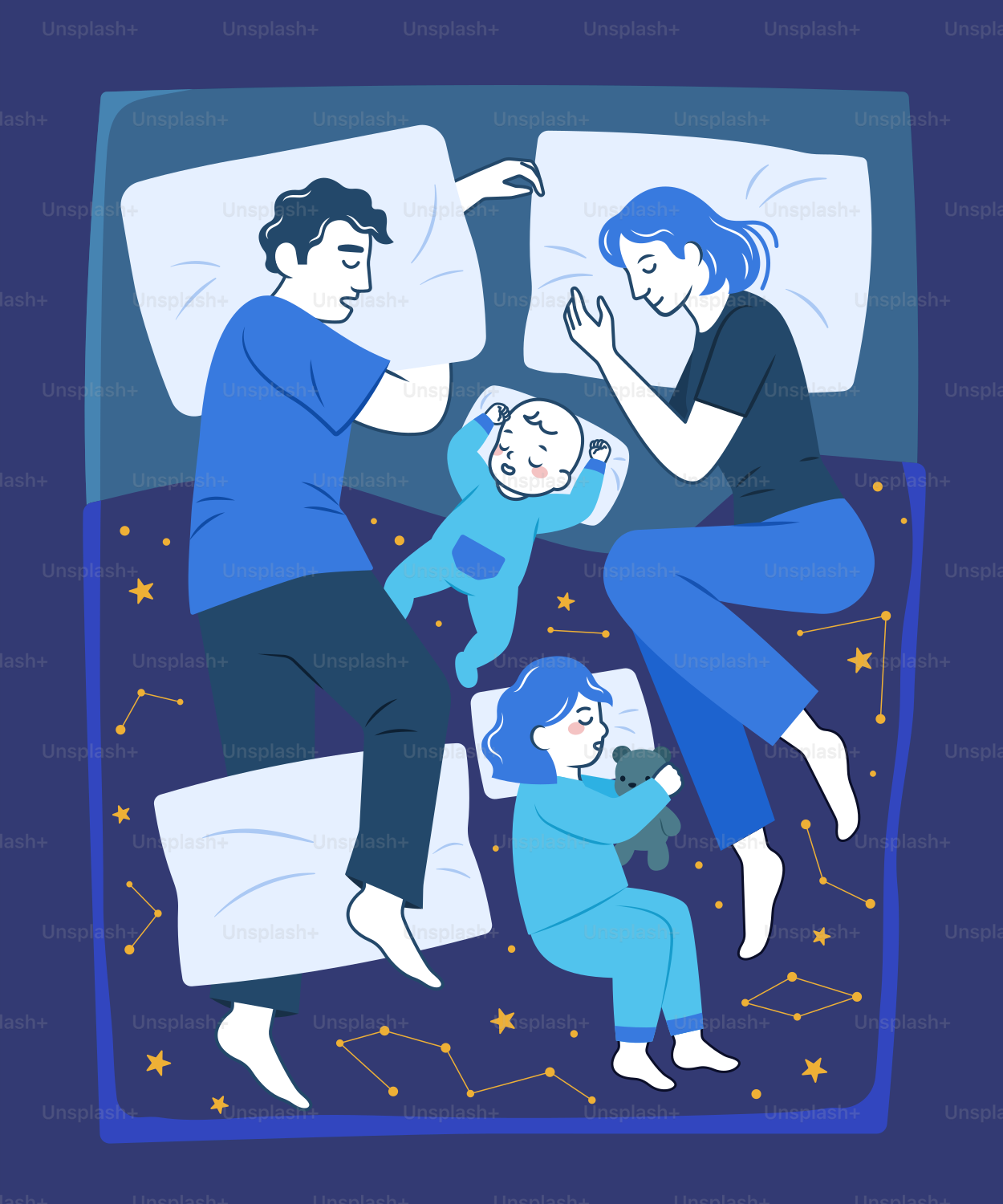 Μια οικογένεια κοιμάται μαζί στο κρεβάτι.