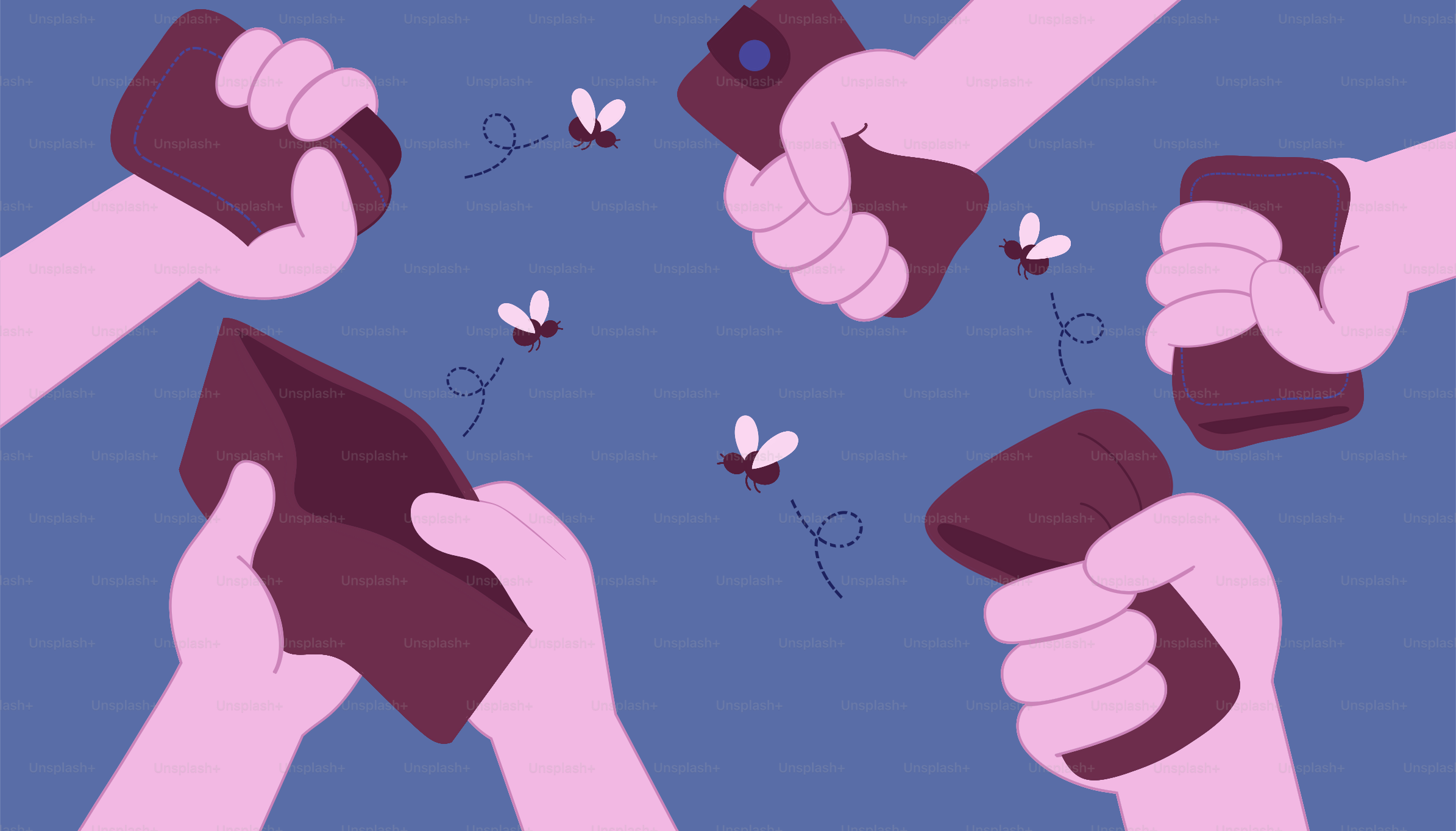 Hände, die Geldbörsen und Telefone halten, mit ein paar Fliegen.