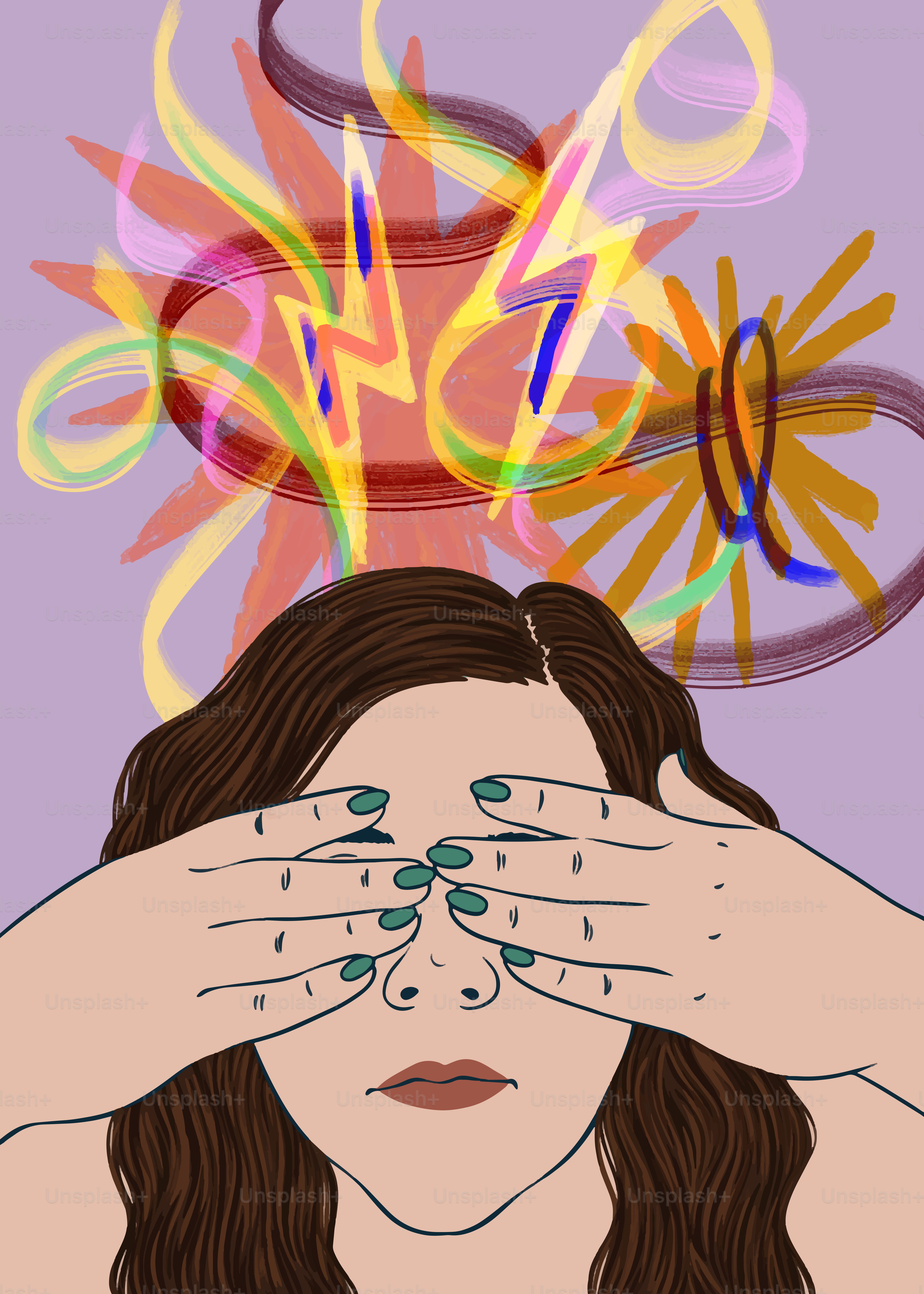 Person covers eyes, showing chaotic thoughts.