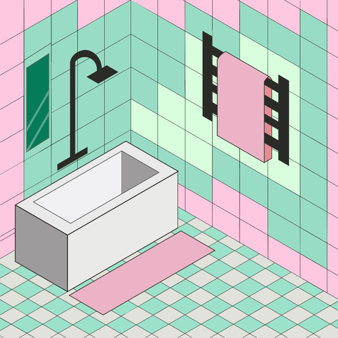 A stylized bathroom with a colorful, tiled design.