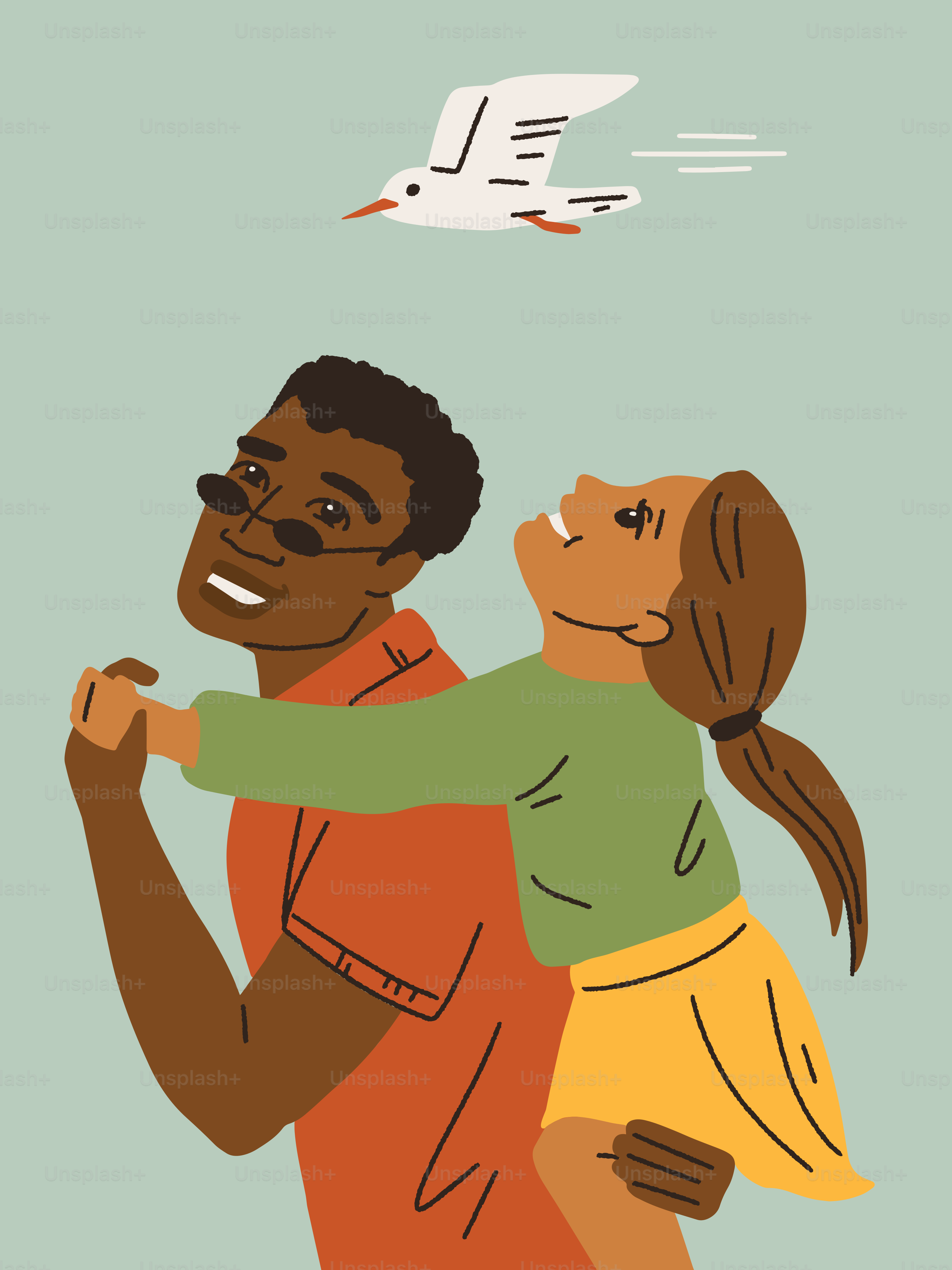 Father and daughter admire a flying bird together.