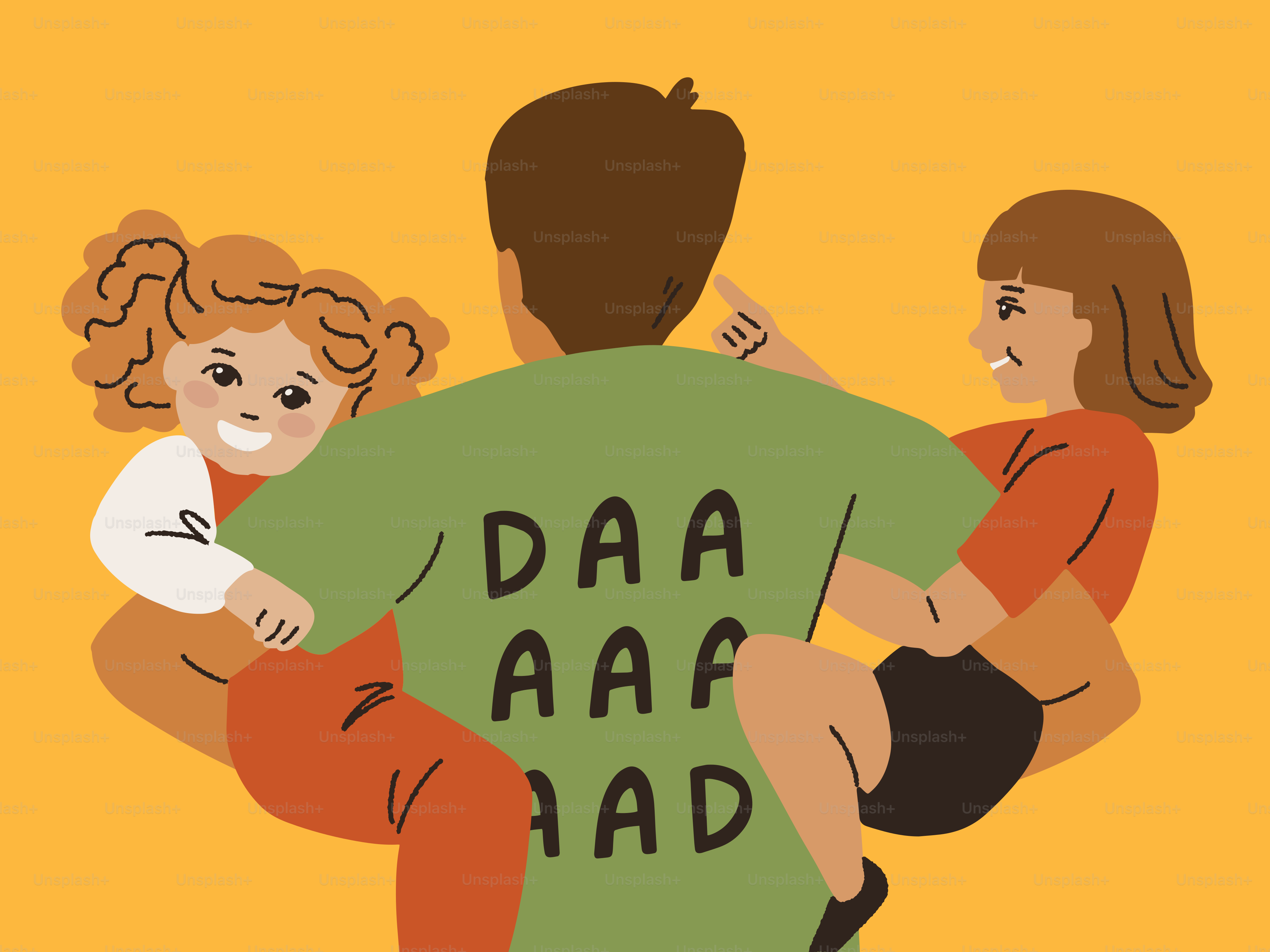 A father hugs his two laughing daughters.
