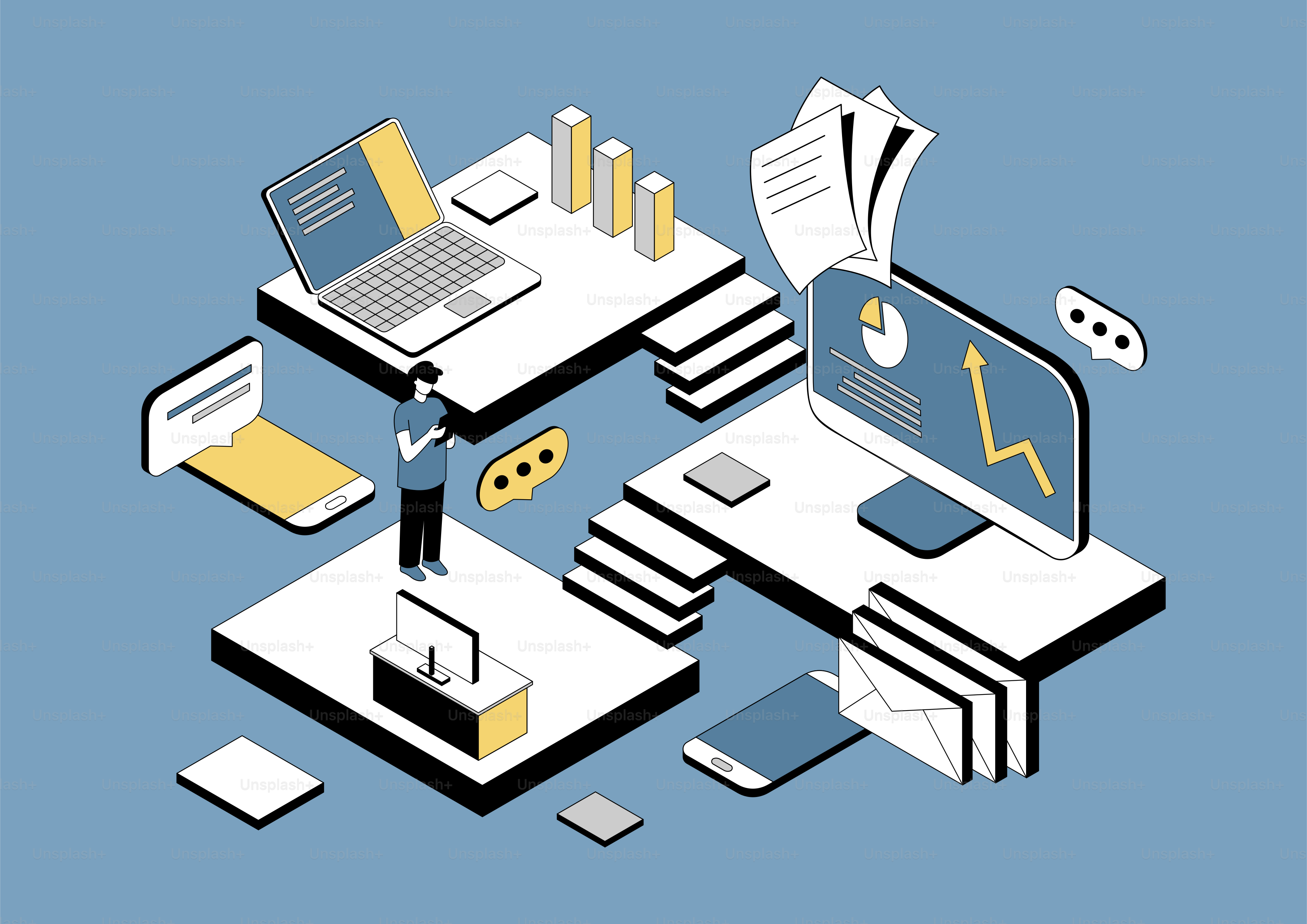 Vista isométrica de una persona trabajando con dispositivos digitales.