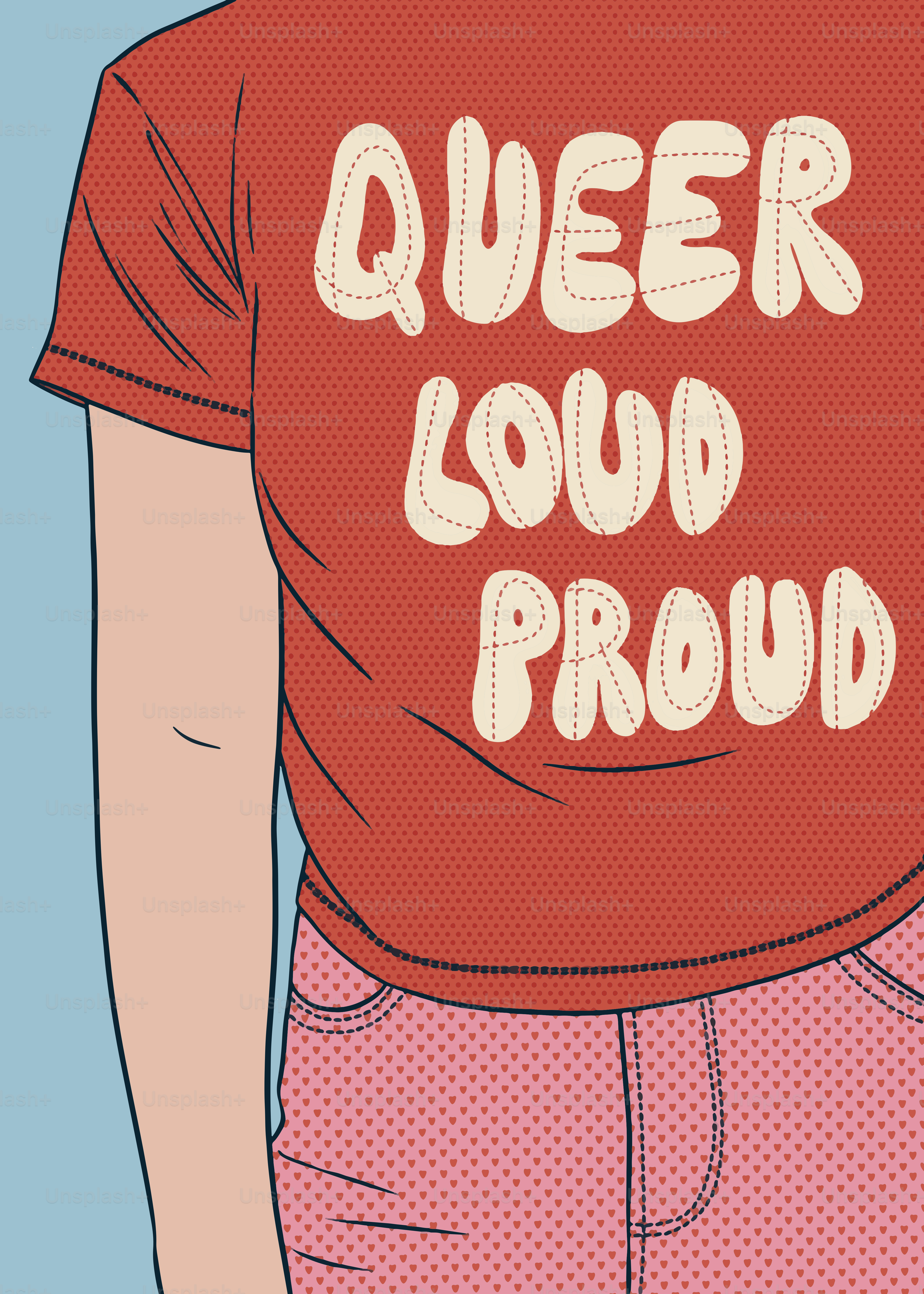 A person wears a shirt that says "queer, loud, proud".