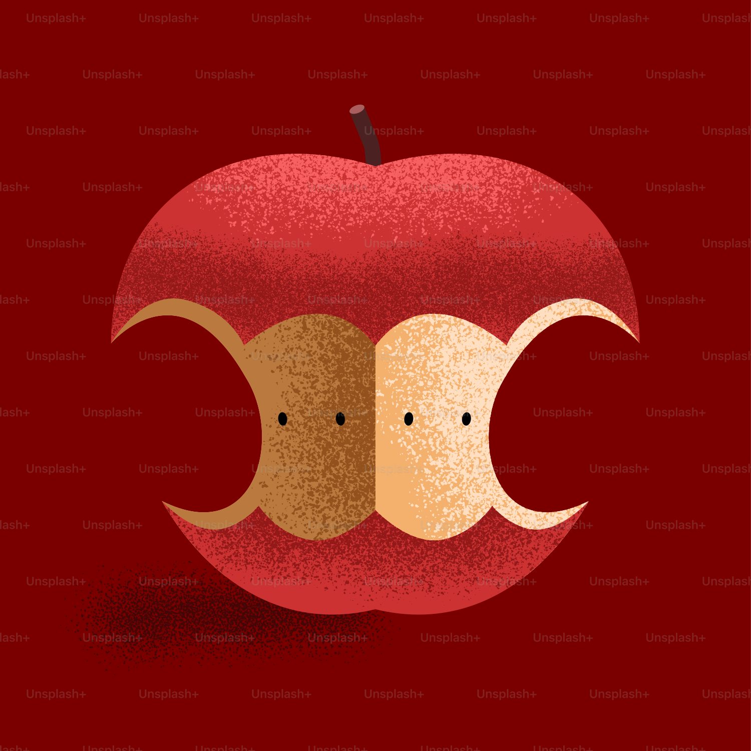 The image shows an apple core with faces.