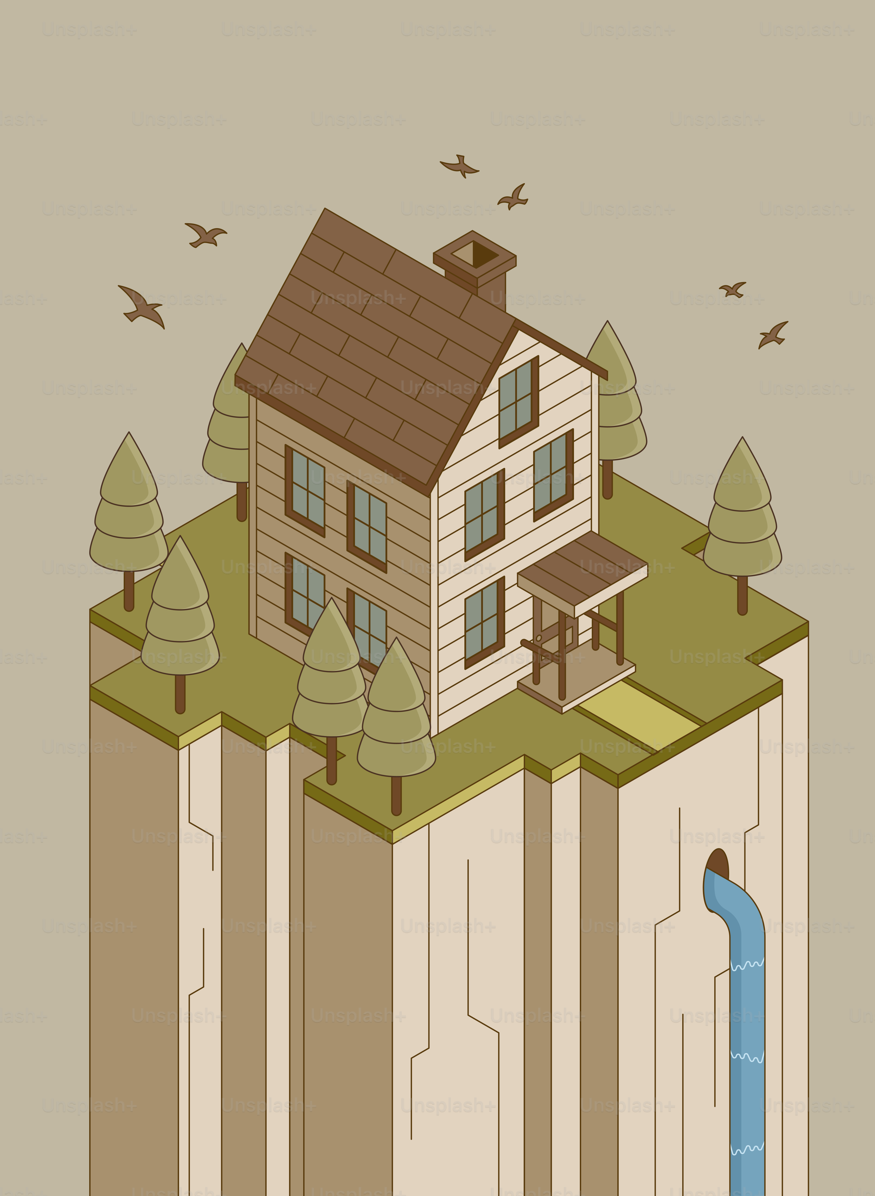 Una casa se encuentra en lo alto de un acantilado con una cascada.